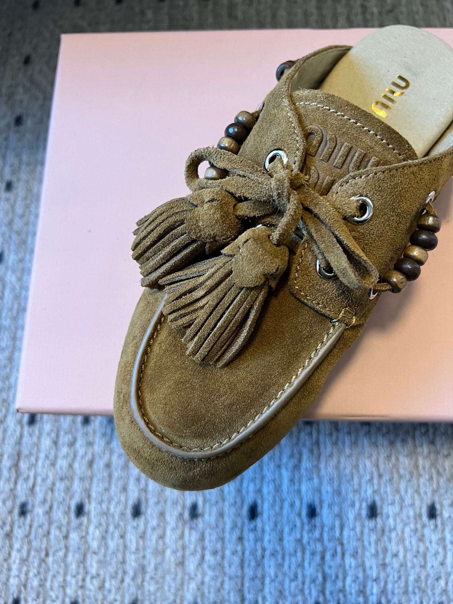 MIUMIU 26S MULES IN OLIVE BROWN SUEDE