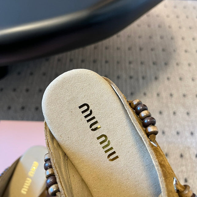 MIUMIU 26S MULES IN OLIVE BROWN SUEDE