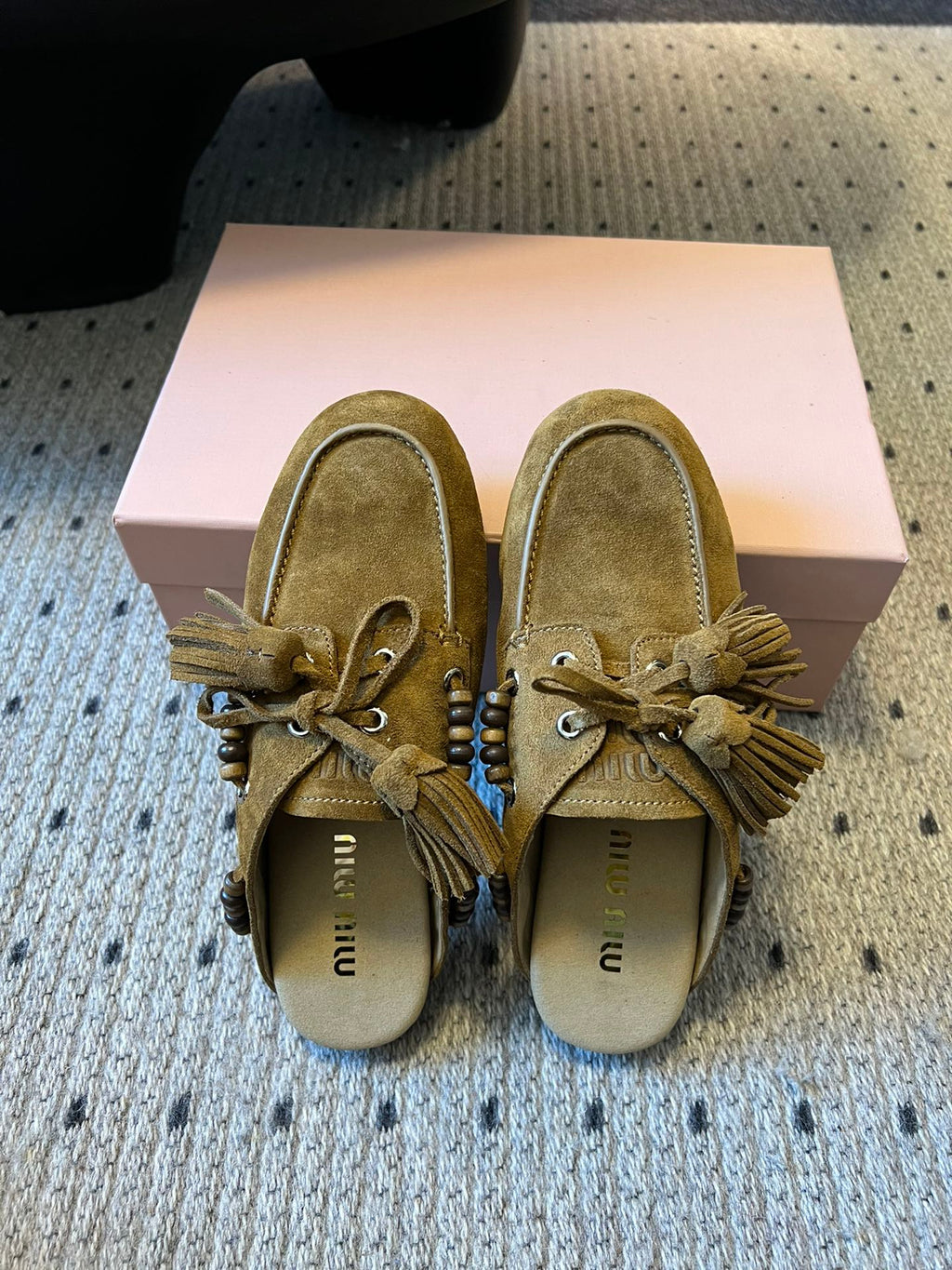 MIUMIU 26S MULES IN OLIVE BROWN SUEDE