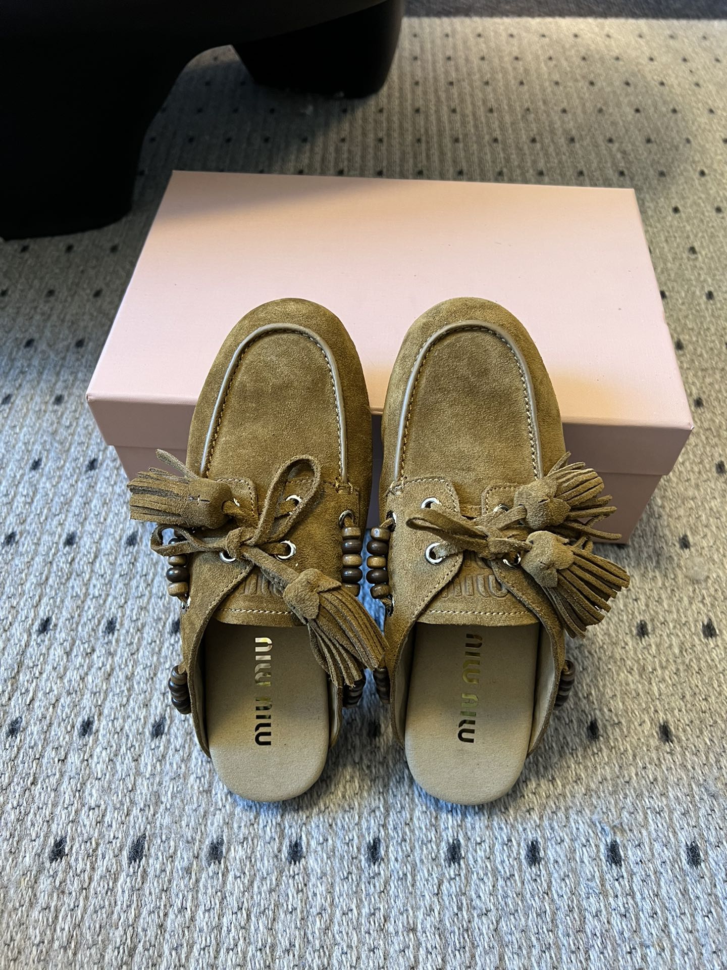 MIUMIU 26S MULES IN OLIVE BROWN SUEDE