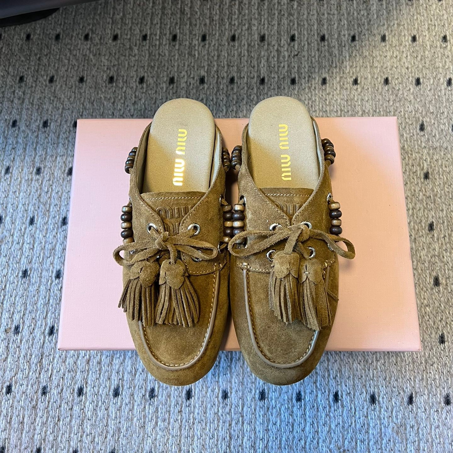 MIUMIU 26S MULES IN OLIVE BROWN SUEDE
