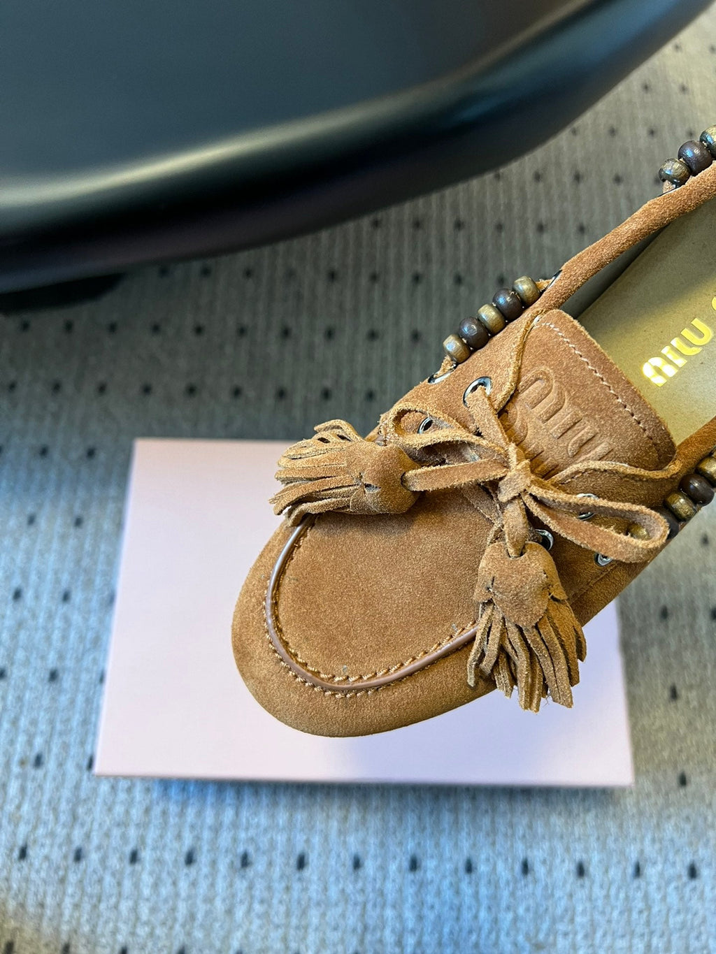 MIUMIU 26S TASSEL LOAFERS IN CARAMEL BROWN SUEDE