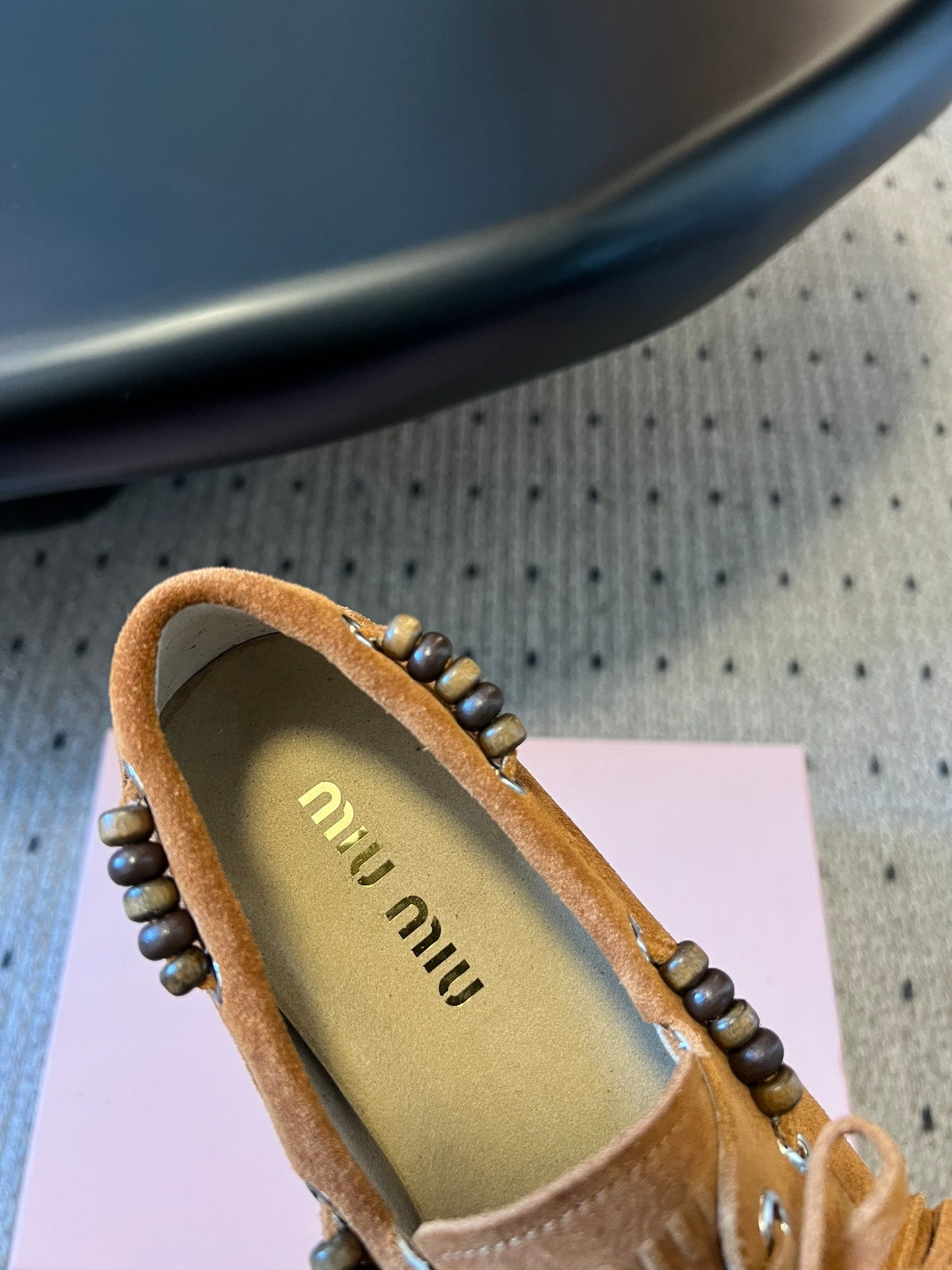 MIUMIU 26S TASSEL LOAFERS IN CARAMEL BROWN SUEDE