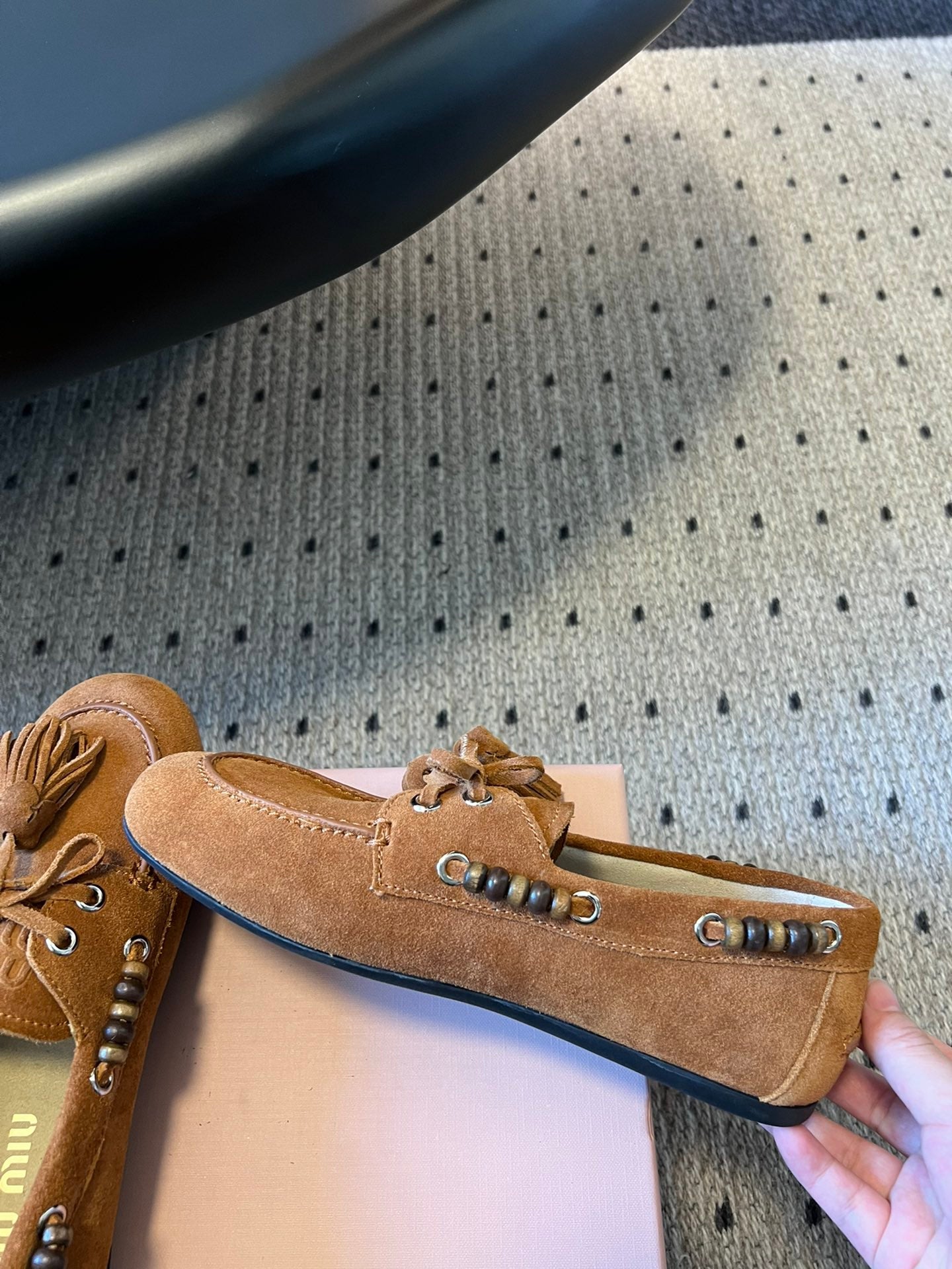 MIUMIU 26S TASSEL LOAFERS IN CARAMEL BROWN SUEDE