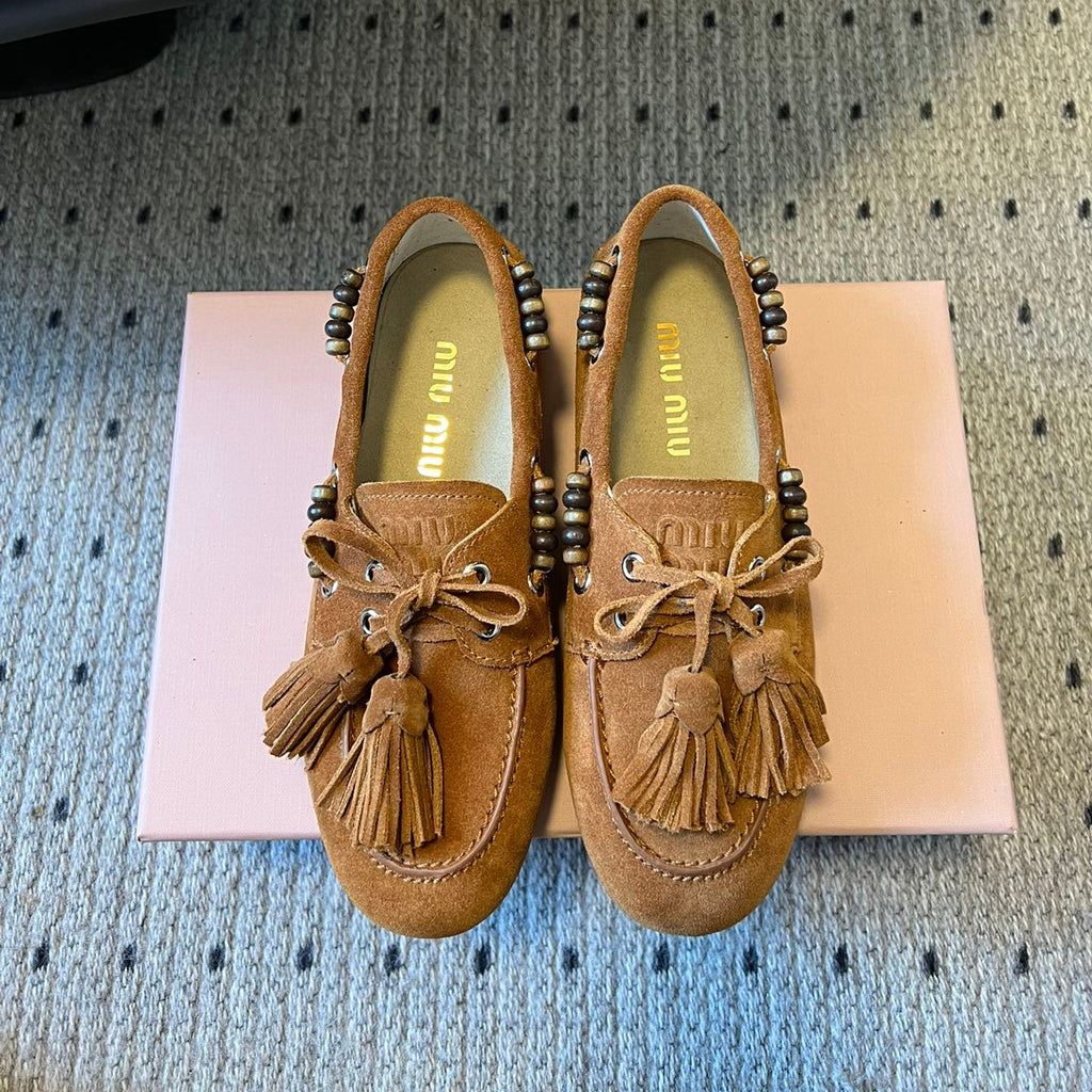 MIUMIU 26S TASSEL LOAFERS IN CARAMEL BROWN SUEDE