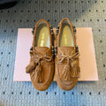 MIUMIU 26S TASSEL LOAFERS IN CARAMEL BROWN SUEDE