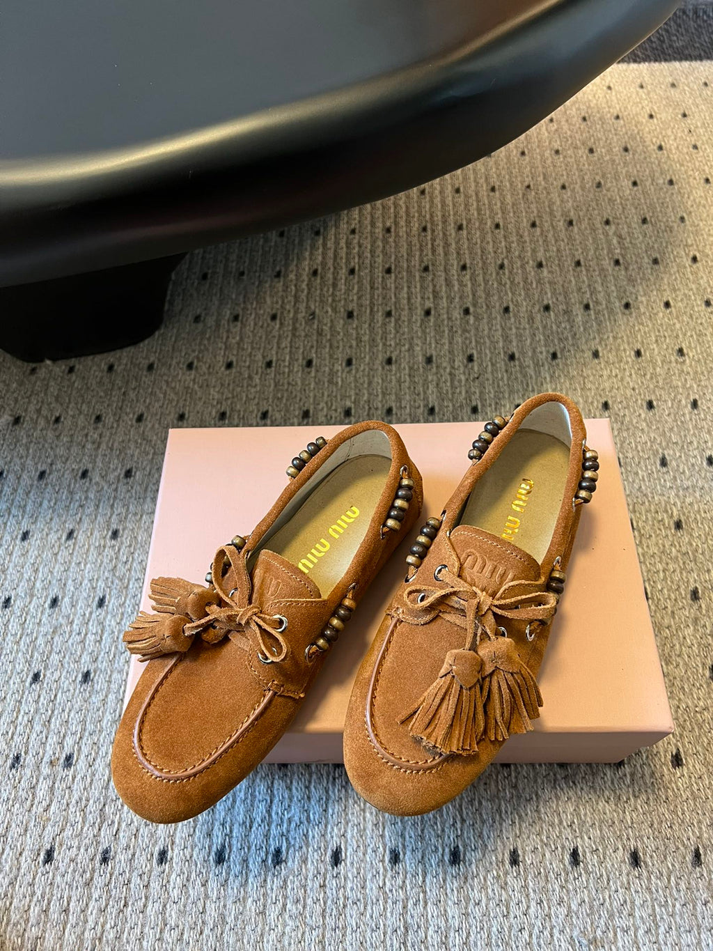 MIUMIU 26S TASSEL LOAFERS IN CARAMEL BROWN SUEDE