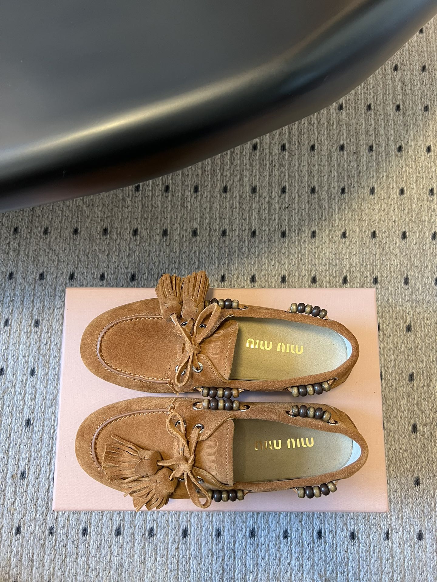 MIUMIU 26S TASSEL LOAFERS IN CARAMEL BROWN SUEDE