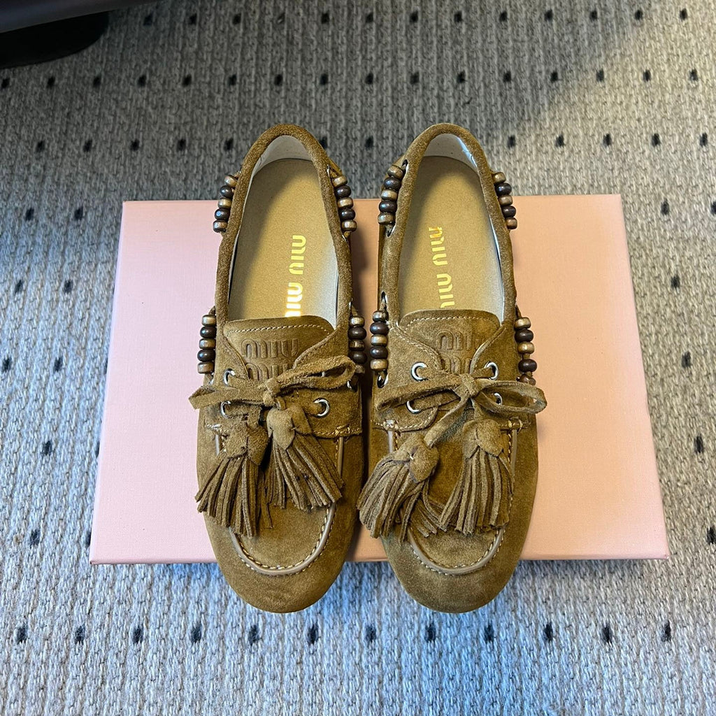 MIUMIU 26S TASSEL LOAFERS IN OLIVE BROWN SUEDE