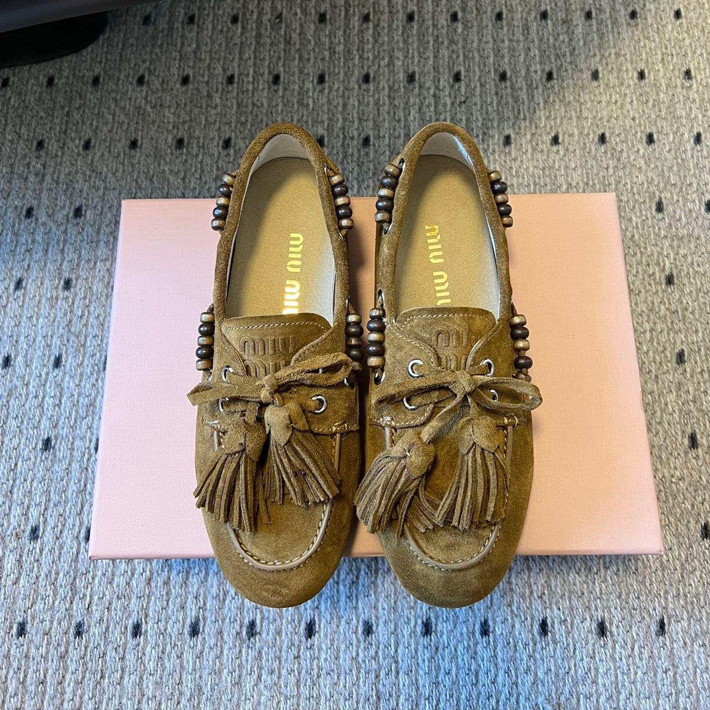 MIUMIU 26S TASSEL LOAFERS IN OLIVE BROWN SUEDE