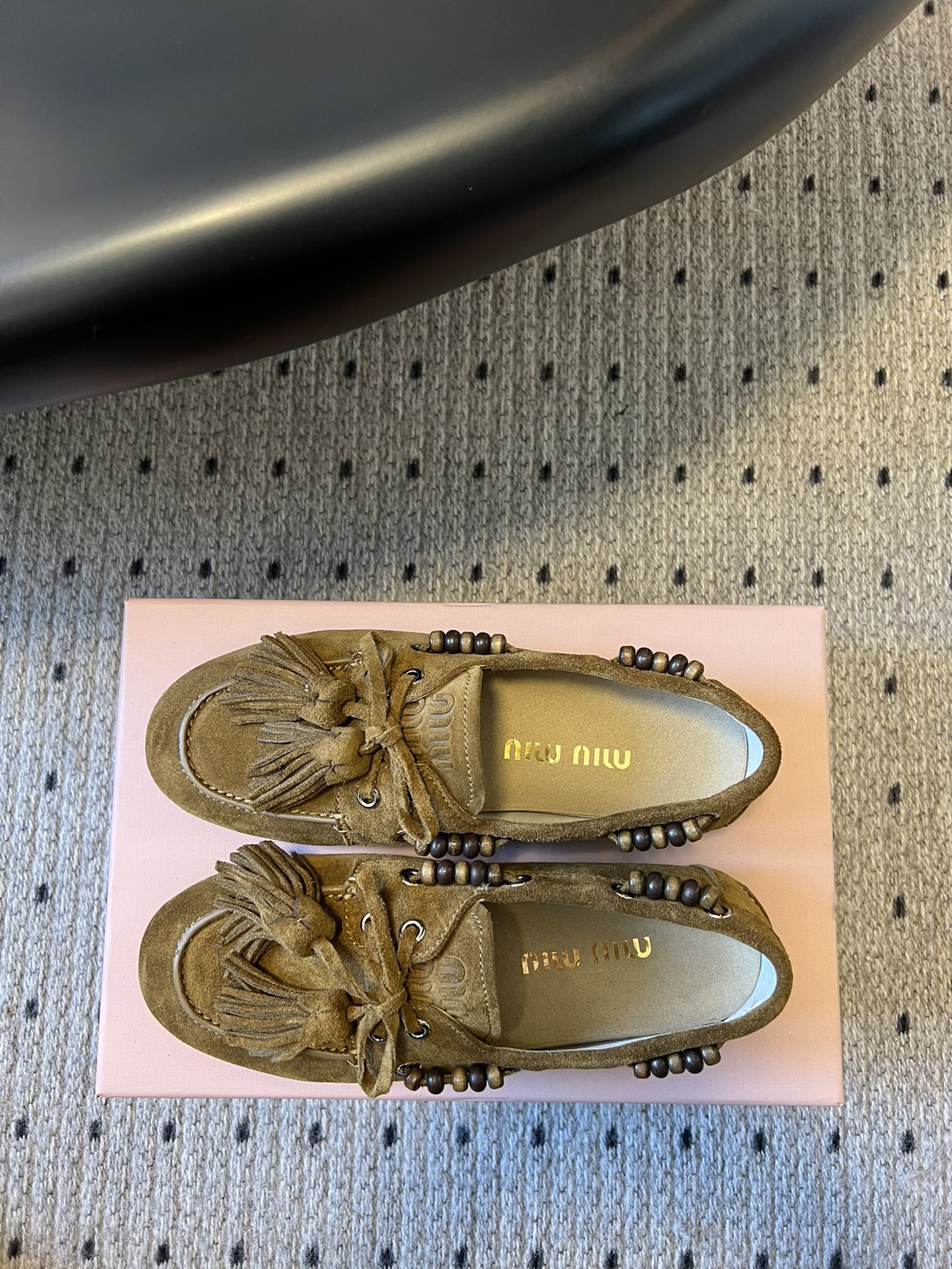 MIUMIU 26S TASSEL LOAFERS IN OLIVE BROWN SUEDE