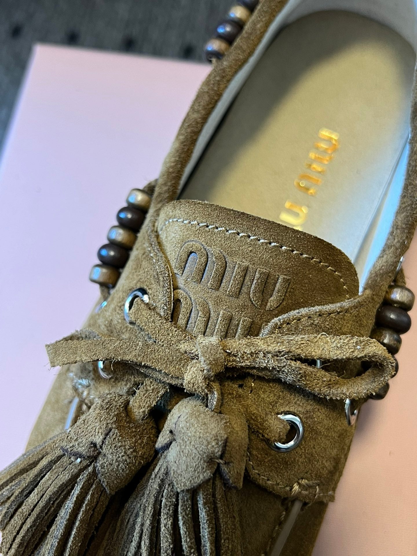 MIUMIU 26S TASSEL LOAFERS IN OLIVE BROWN SUEDE