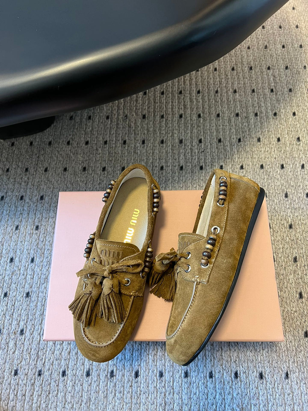 MIUMIU 26S TASSEL LOAFERS IN OLIVE BROWN SUEDE