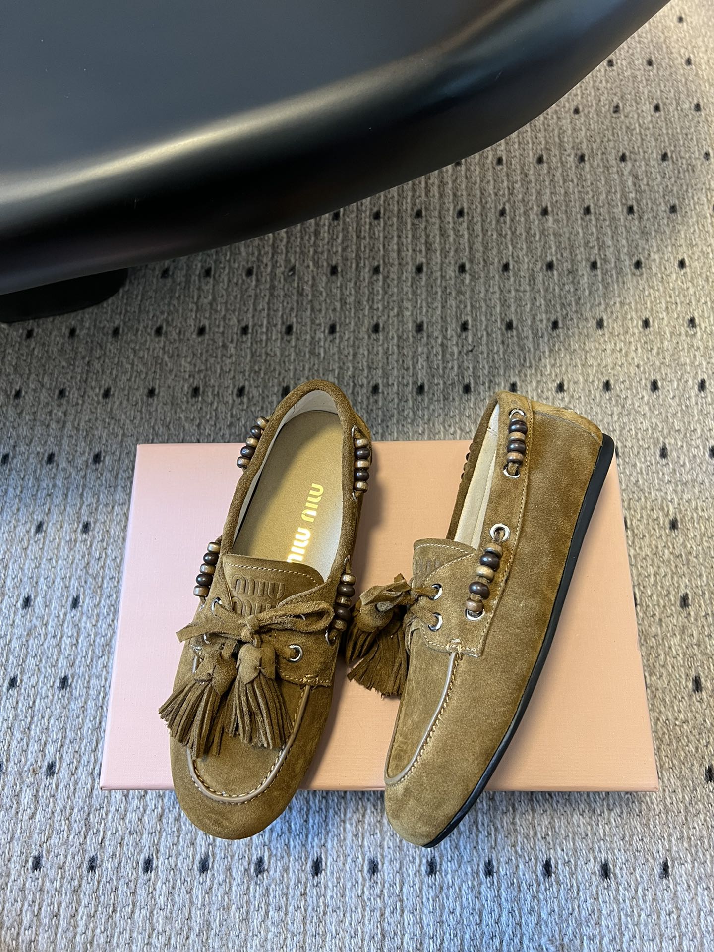 MIUMIU 26S TASSEL LOAFERS IN OLIVE BROWN SUEDE
