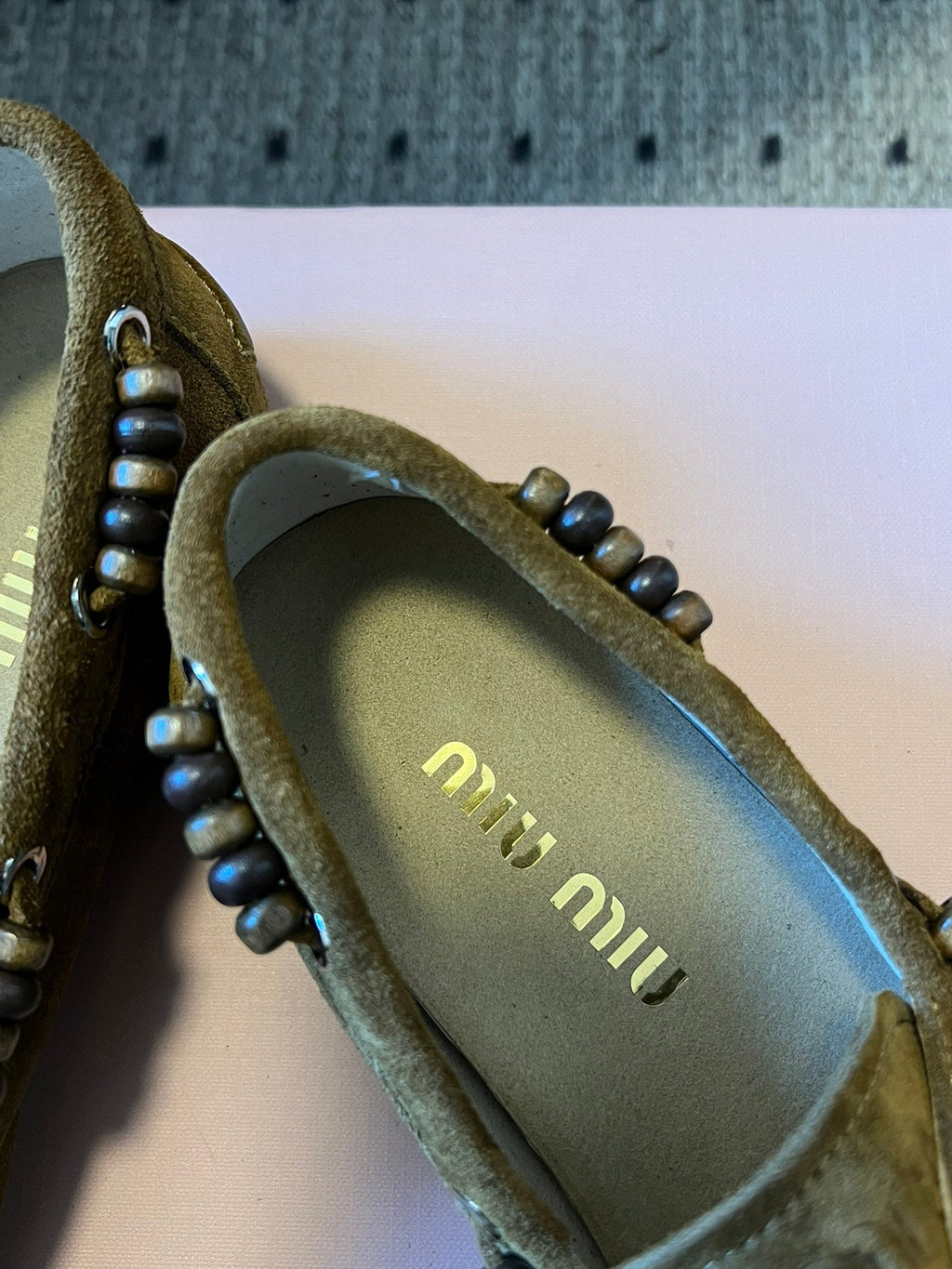 MIUMIU 26S TASSEL LOAFERS IN OLIVE BROWN SUEDE