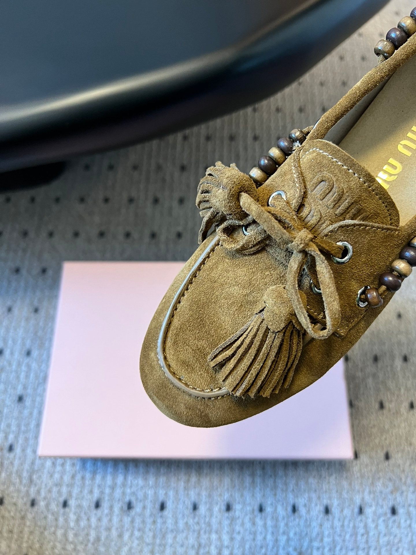 MIUMIU 26S TASSEL LOAFERS IN OLIVE BROWN SUEDE