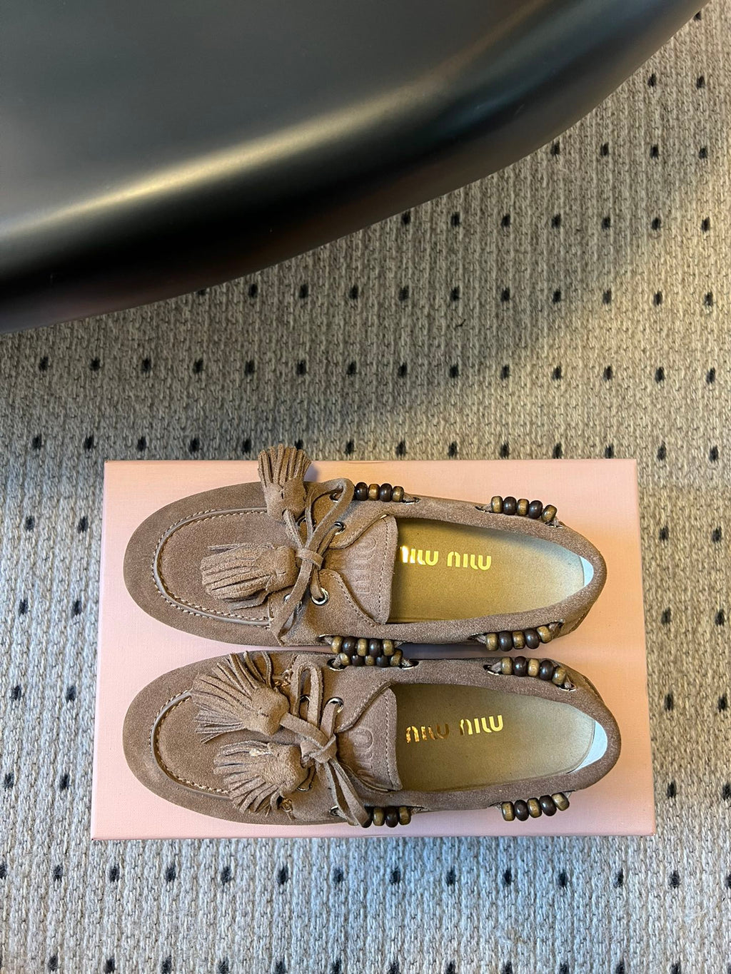 MIUMIU 26S TASSEL LOAFERS IN TAUPE BROWN SUEDE