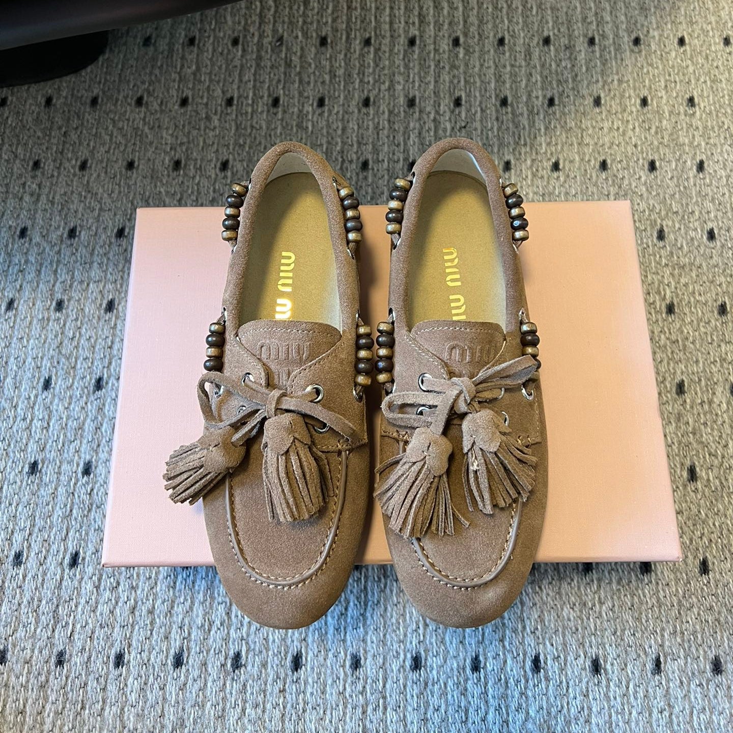 MIUMIU 26S TASSEL LOAFERS IN TAUPE BROWN SUEDE