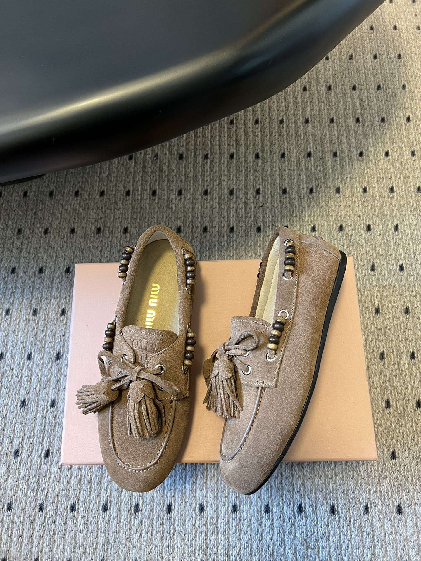 MIUMIU 26S TASSEL LOAFERS IN TAUPE BROWN SUEDE