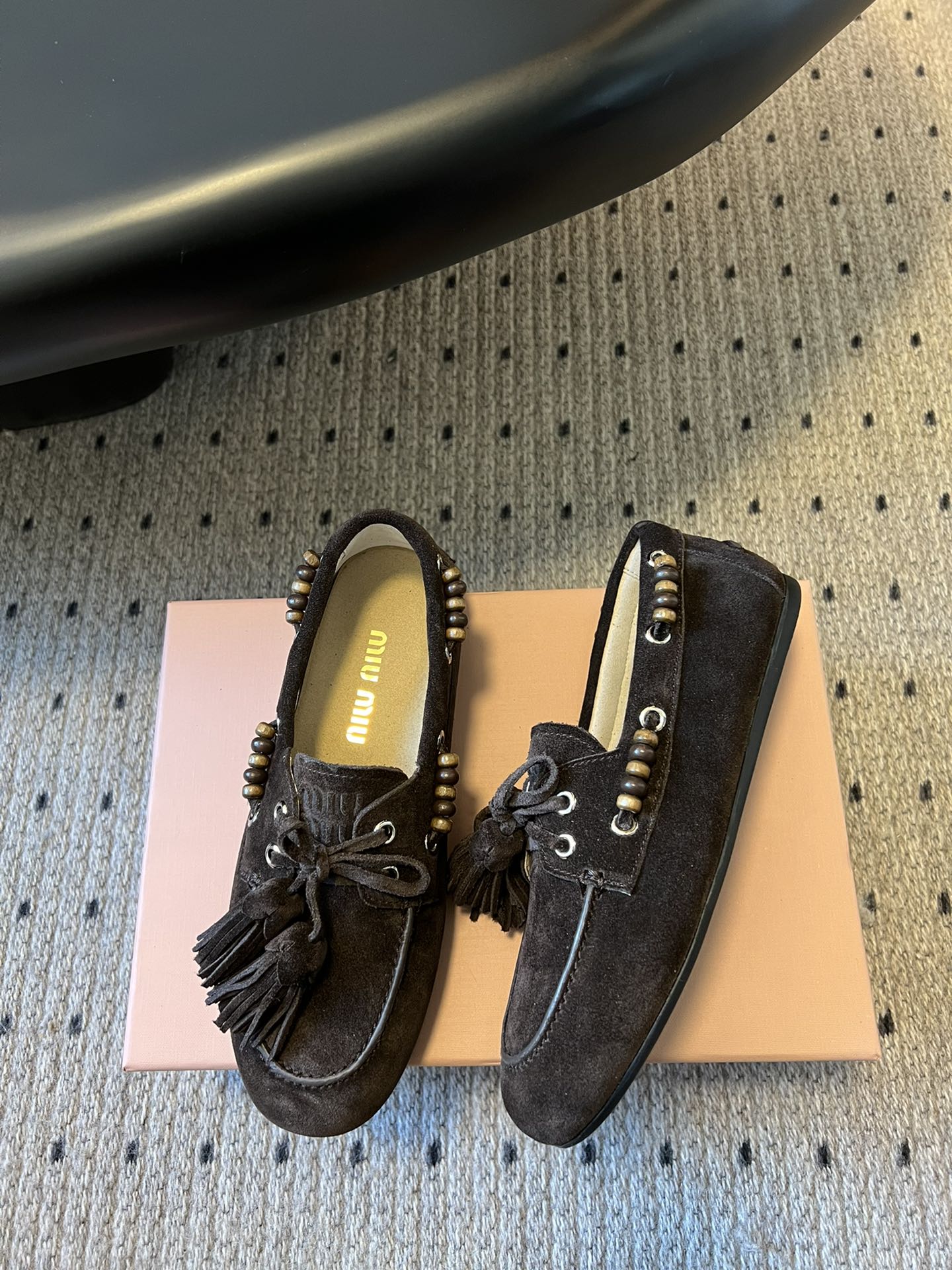 MIUMIU 26S TASSEL LOAFERS IN DARK BROWN SUEDE