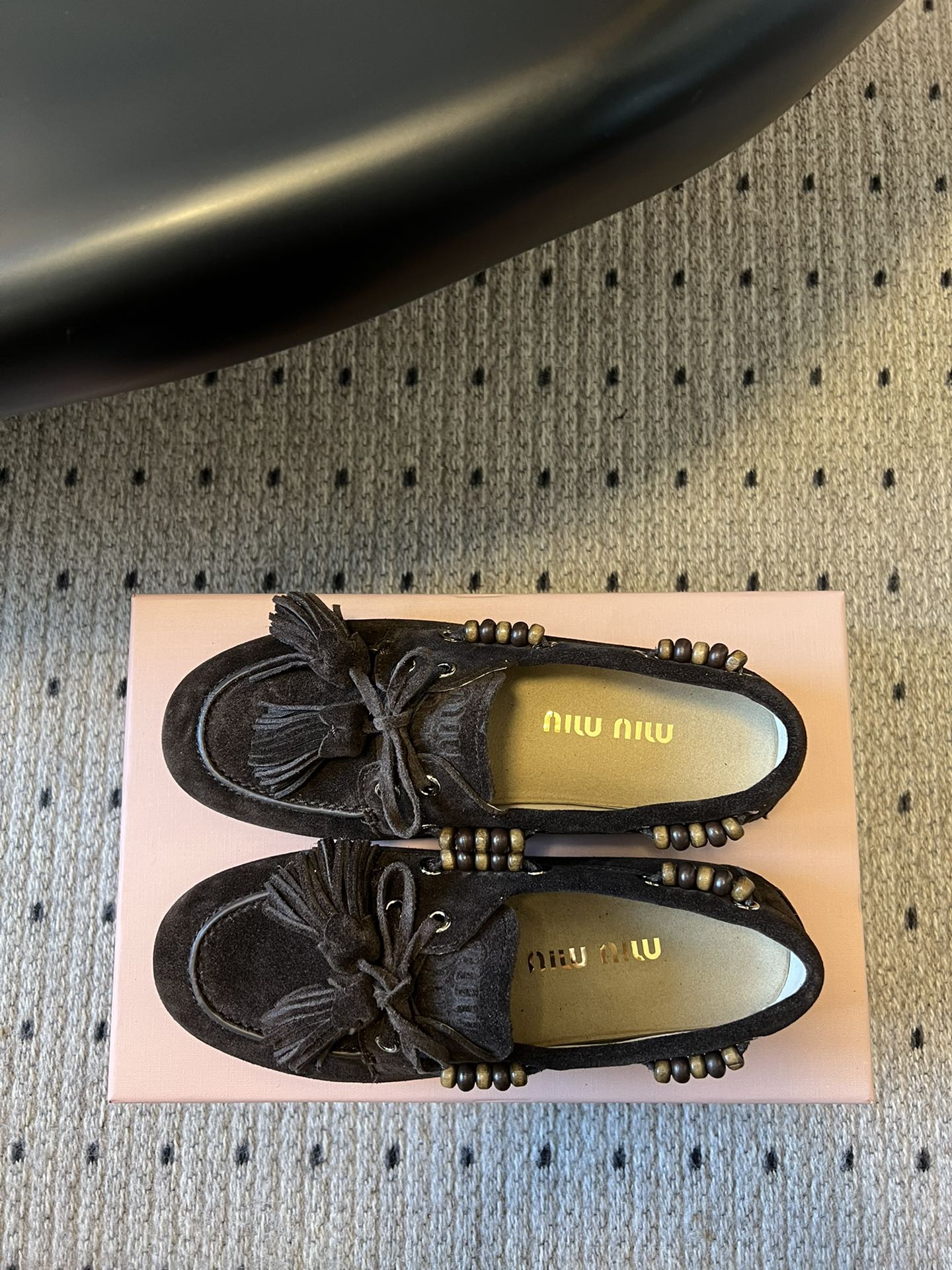 MIUMIU 26S TASSEL LOAFERS IN DARK BROWN SUEDE