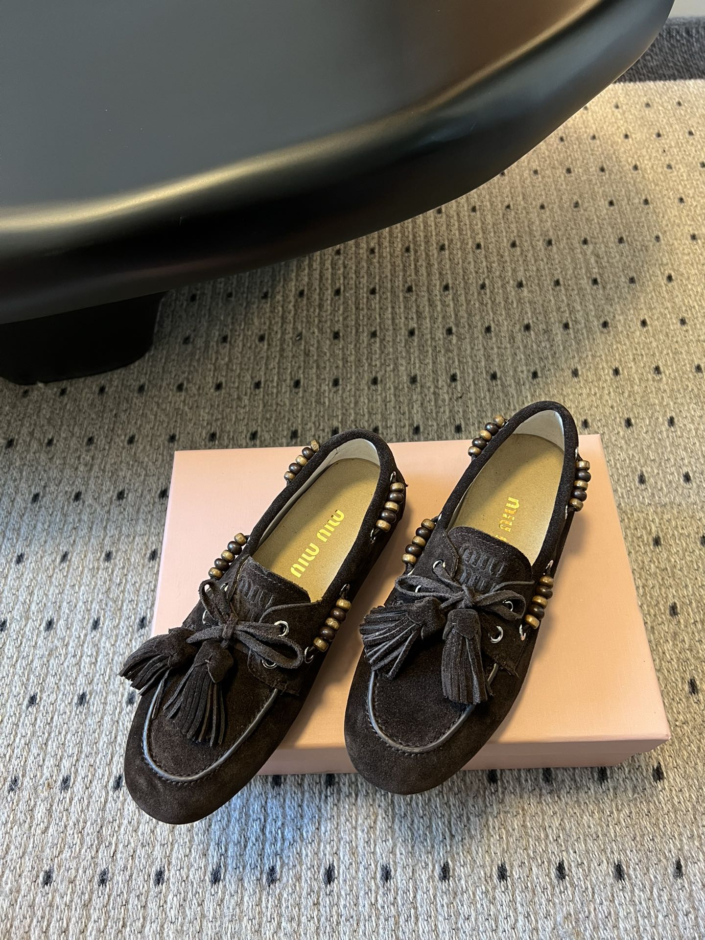 MIUMIU 26S TASSEL LOAFERS IN DARK BROWN SUEDE