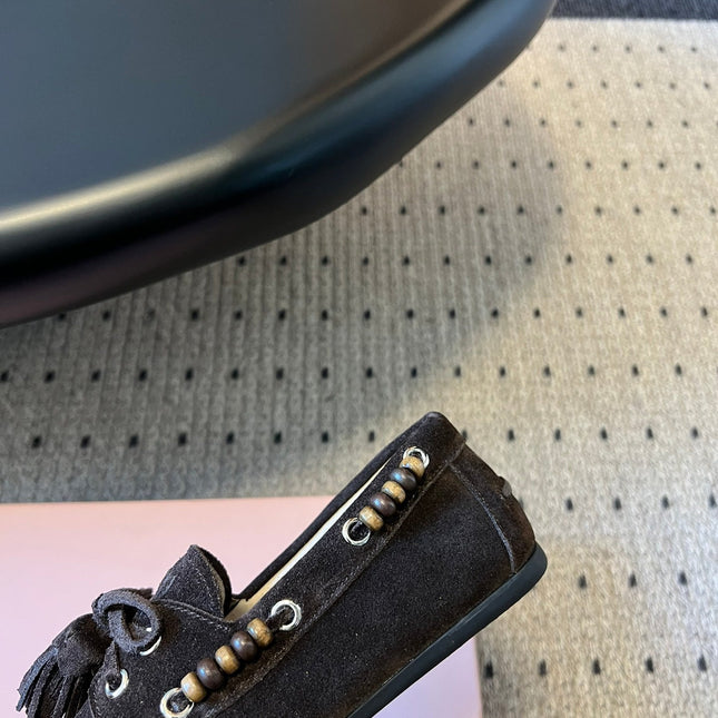 MIUMIU 26S TASSEL LOAFERS IN DARK BROWN SUEDE