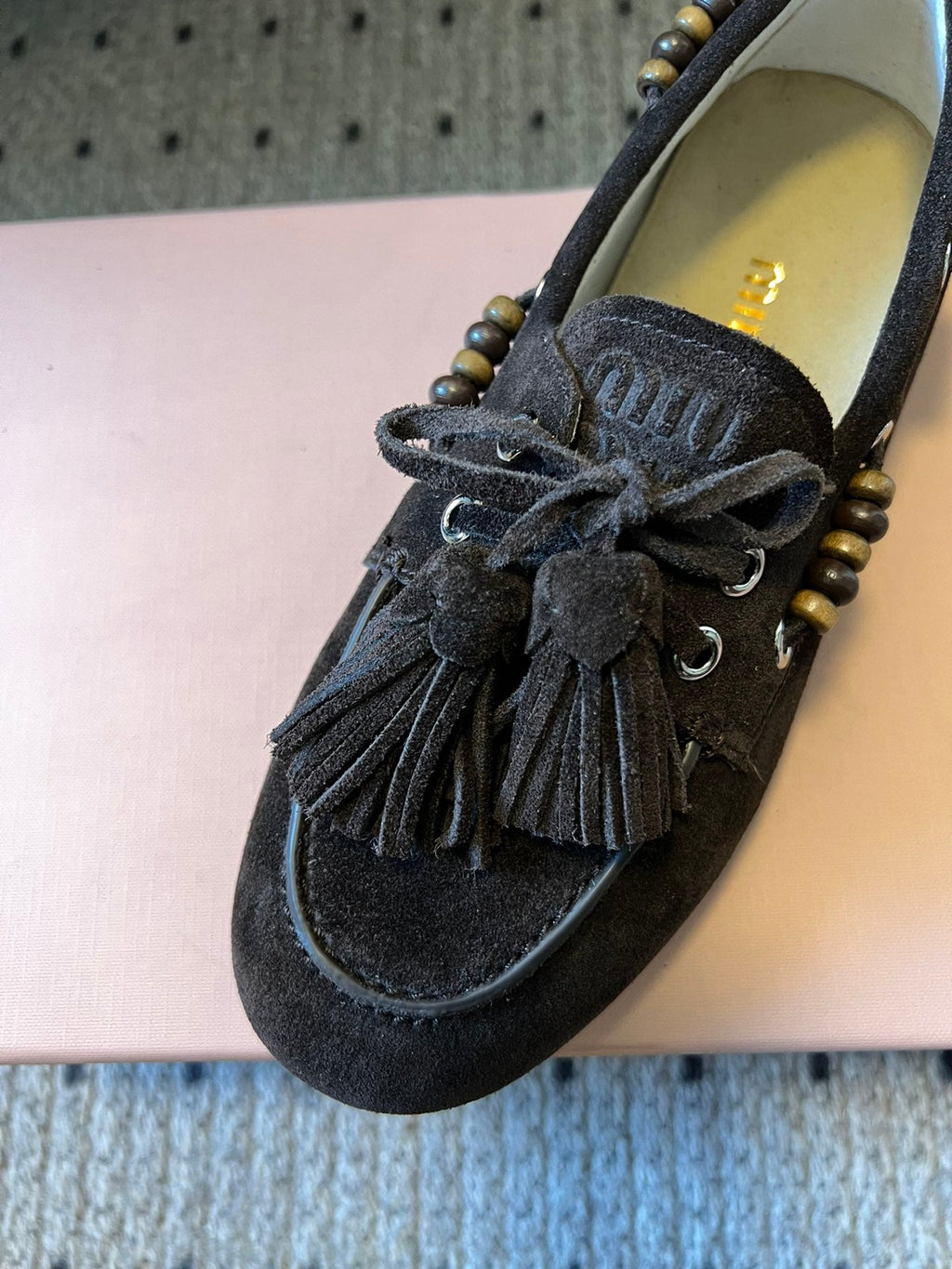 MIUMIU 26S TASSEL LOAFERS IN DARK BROWN SUEDE