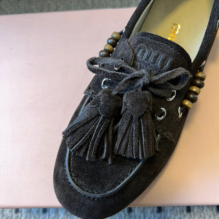 MIUMIU 26S TASSEL LOAFERS IN DARK BROWN SUEDE