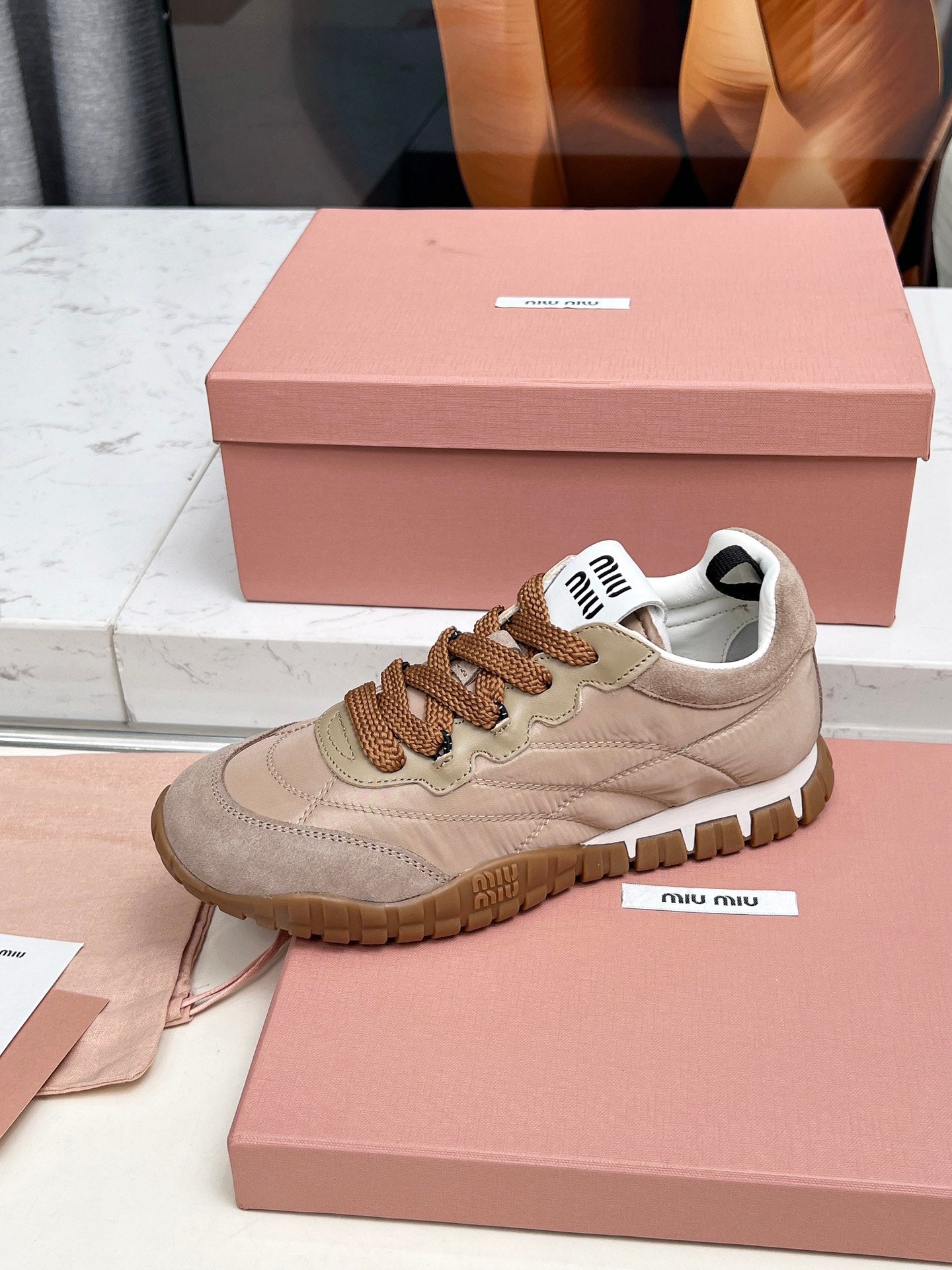 MIUMIU 26S SNEAKERS IN BROWN FABRIC AND SUEDE