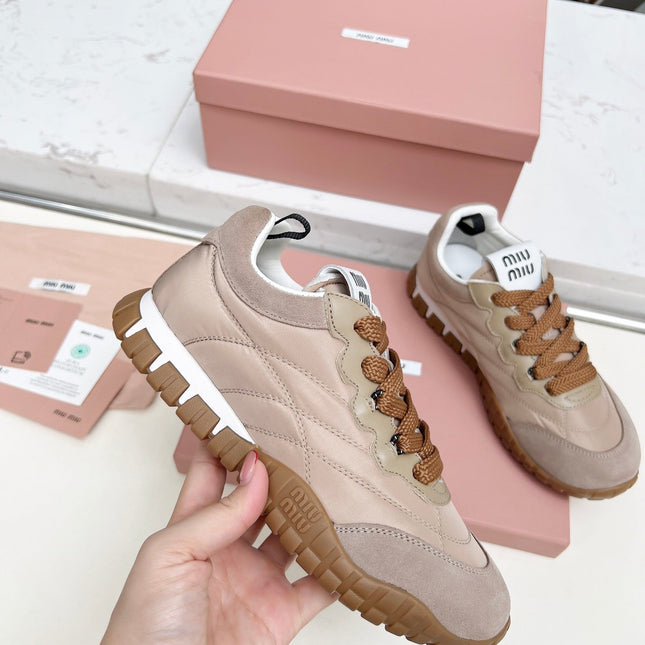 MIUMIU 26S SNEAKERS IN BROWN FABRIC AND SUEDE