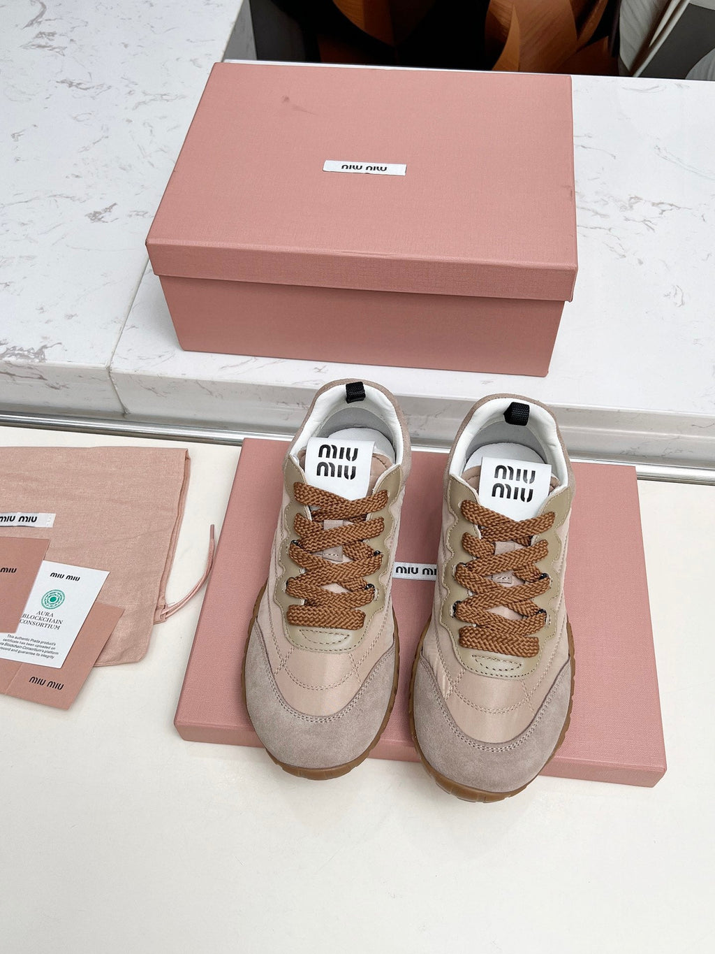 MIUMIU 26S SNEAKERS IN BROWN FABRIC AND SUEDE