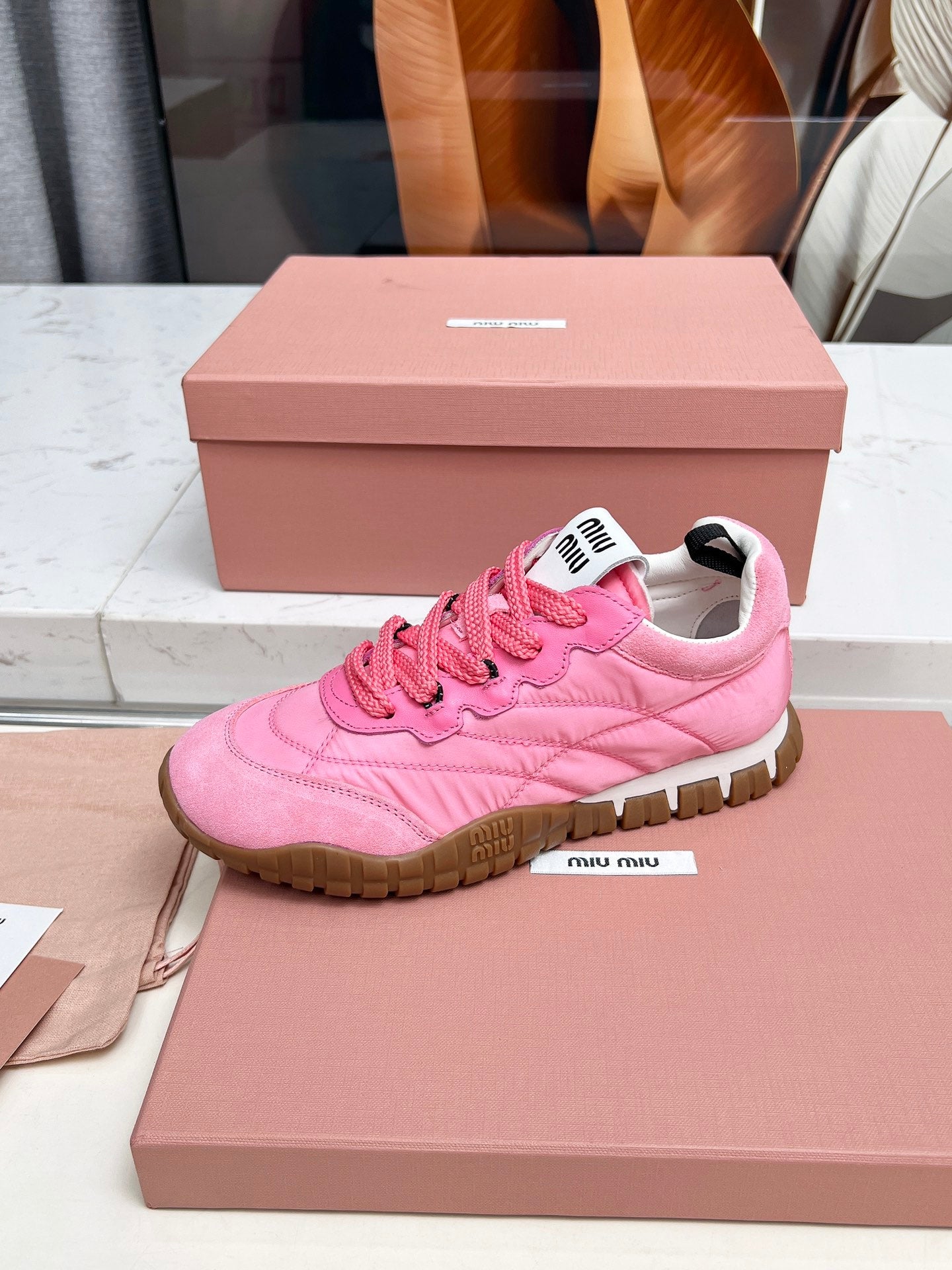 MIUMIU 26S SNEAKERS IN PINK FABRIC AND SUEDE
