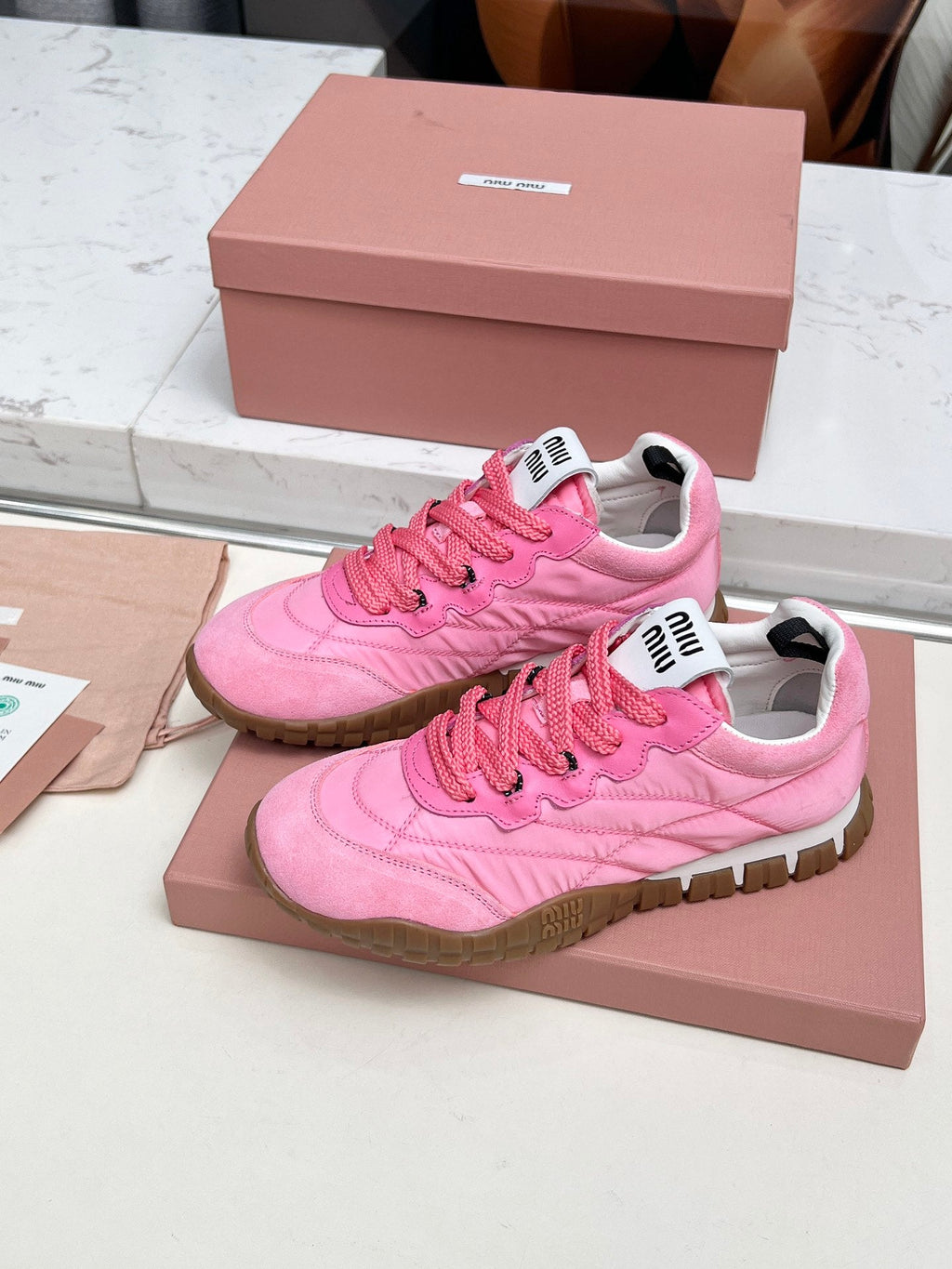 MIUMIU 26S SNEAKERS IN PINK FABRIC AND SUEDE