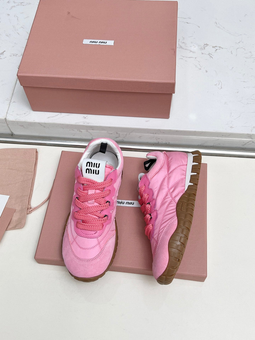 MIUMIU 26S SNEAKERS IN PINK FABRIC AND SUEDE