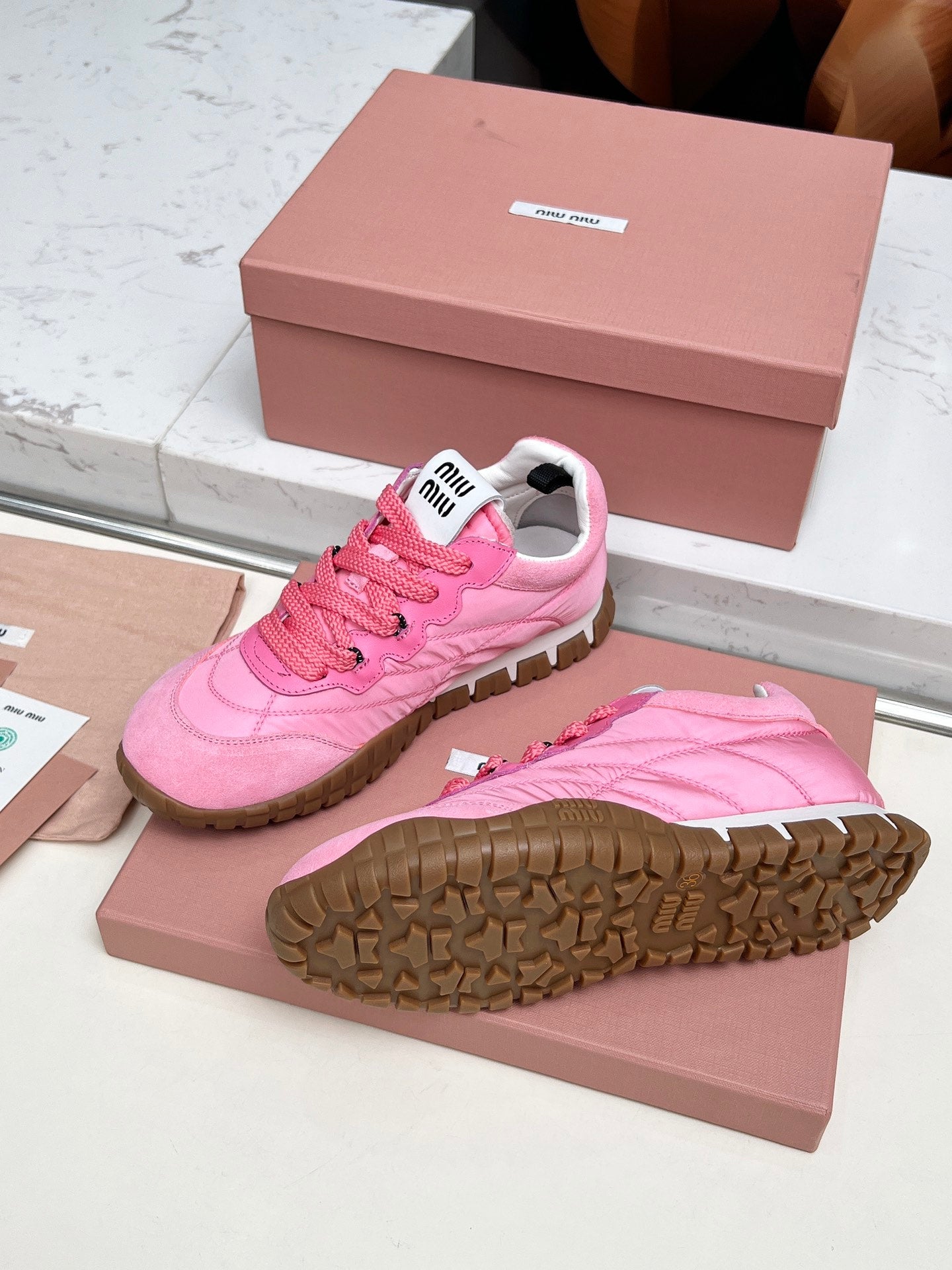 MIUMIU 26S SNEAKERS IN PINK FABRIC AND SUEDE