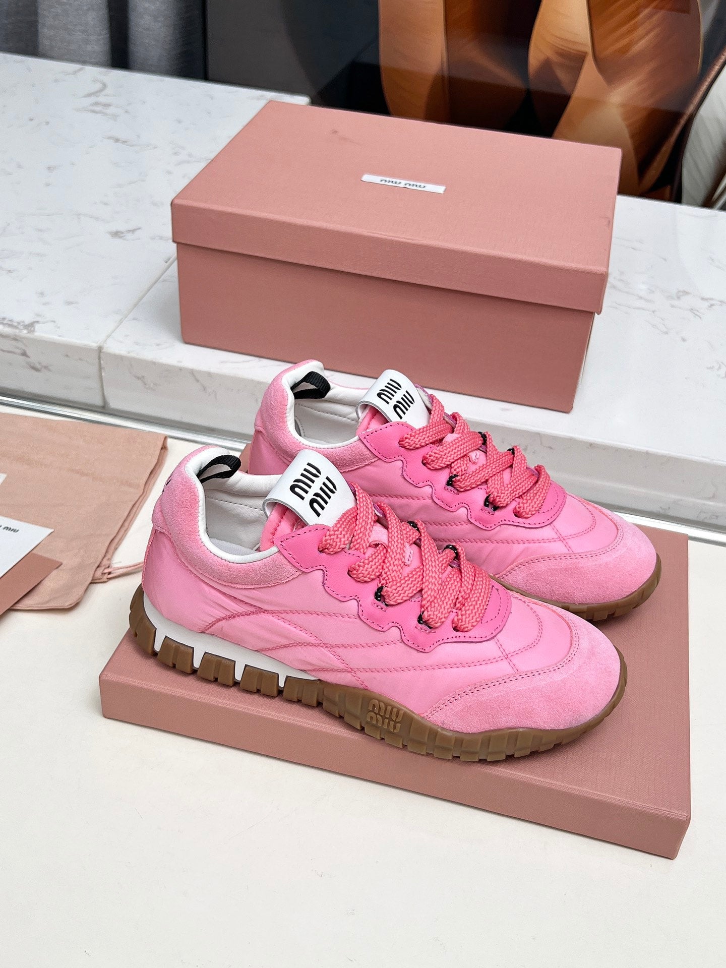 MIUMIU 26S SNEAKERS IN PINK FABRIC AND SUEDE
