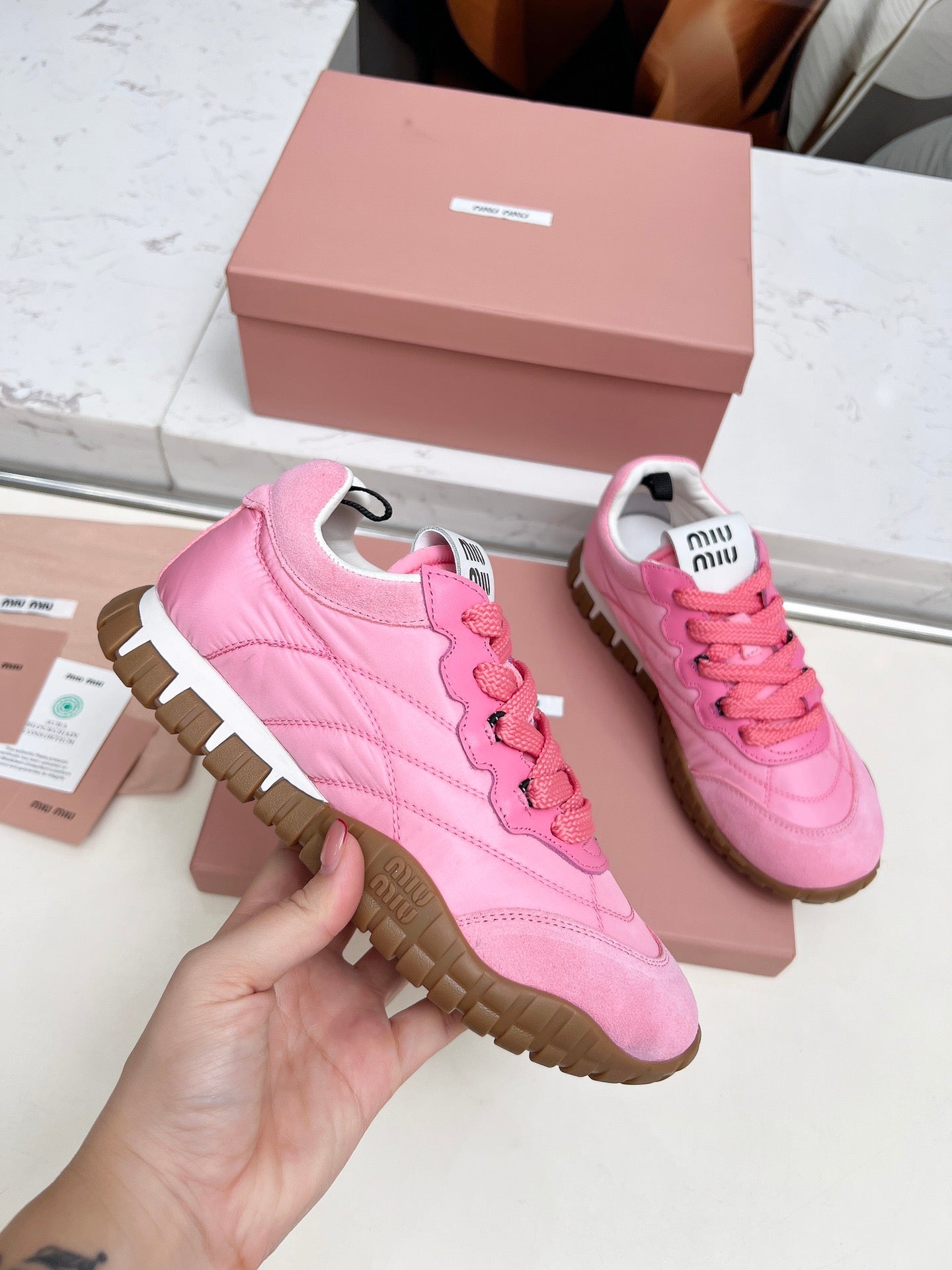 MIUMIU 26S SNEAKERS IN PINK FABRIC AND SUEDE