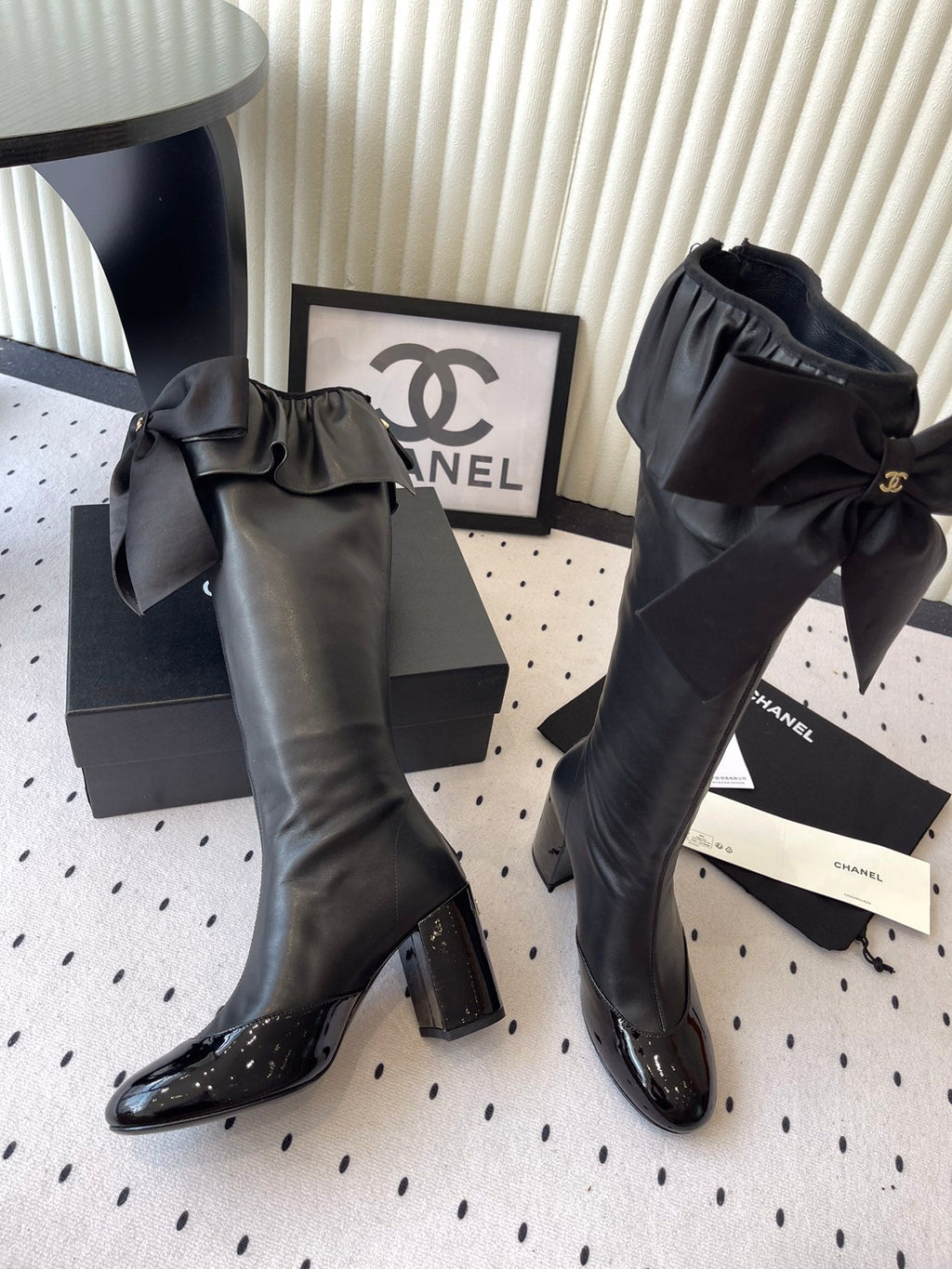 CHANEL BOW HIGH BOOTS IN BLACK CALFSKIN