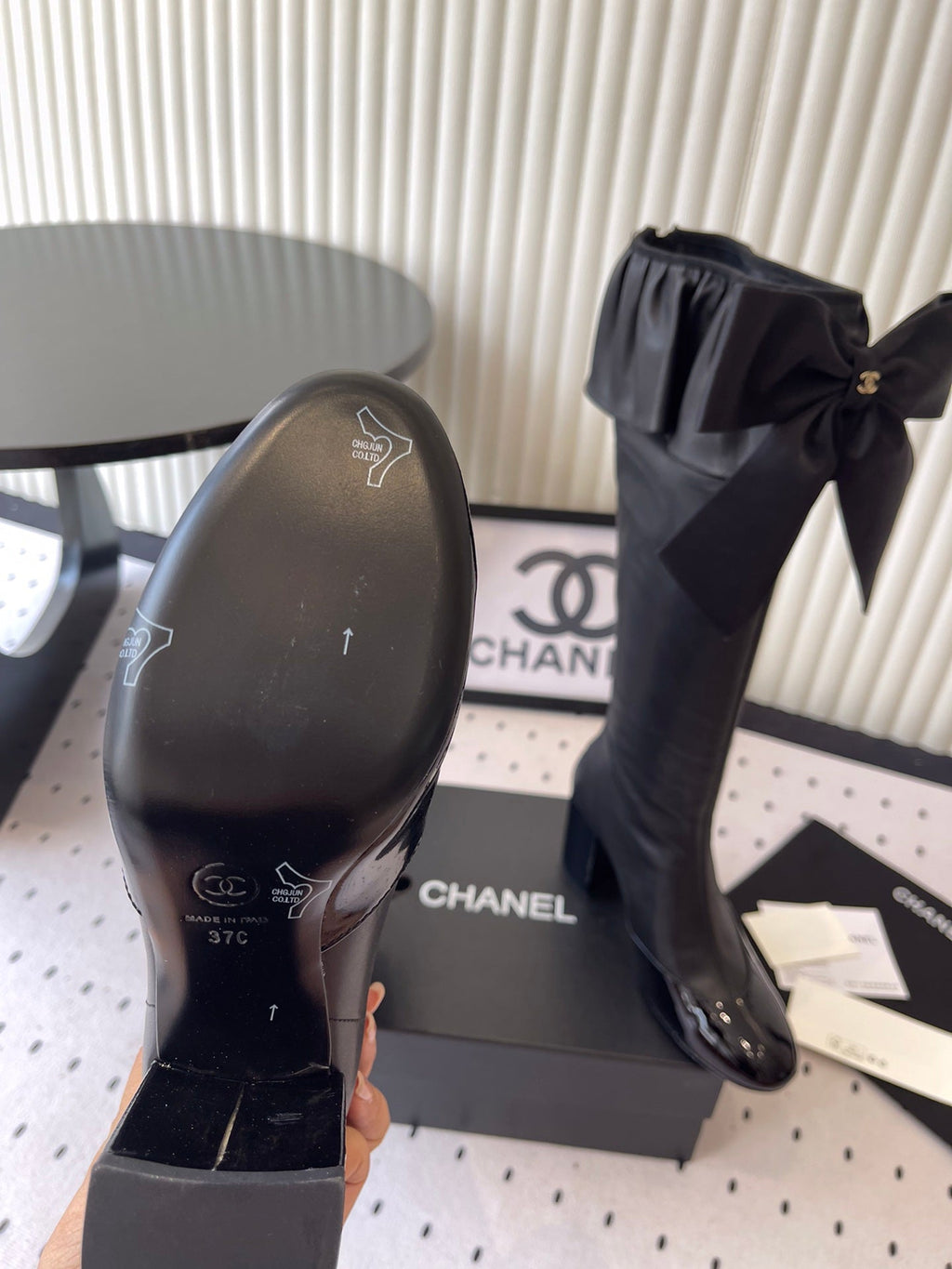 CHANEL BOW HIGH BOOTS IN BLACK CALFSKIN