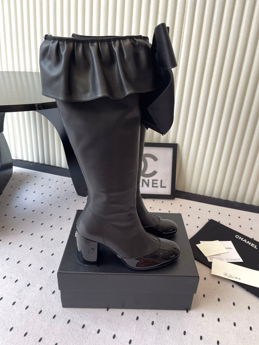 CHANEL BOW HIGH BOOTS IN BLACK CALFSKIN