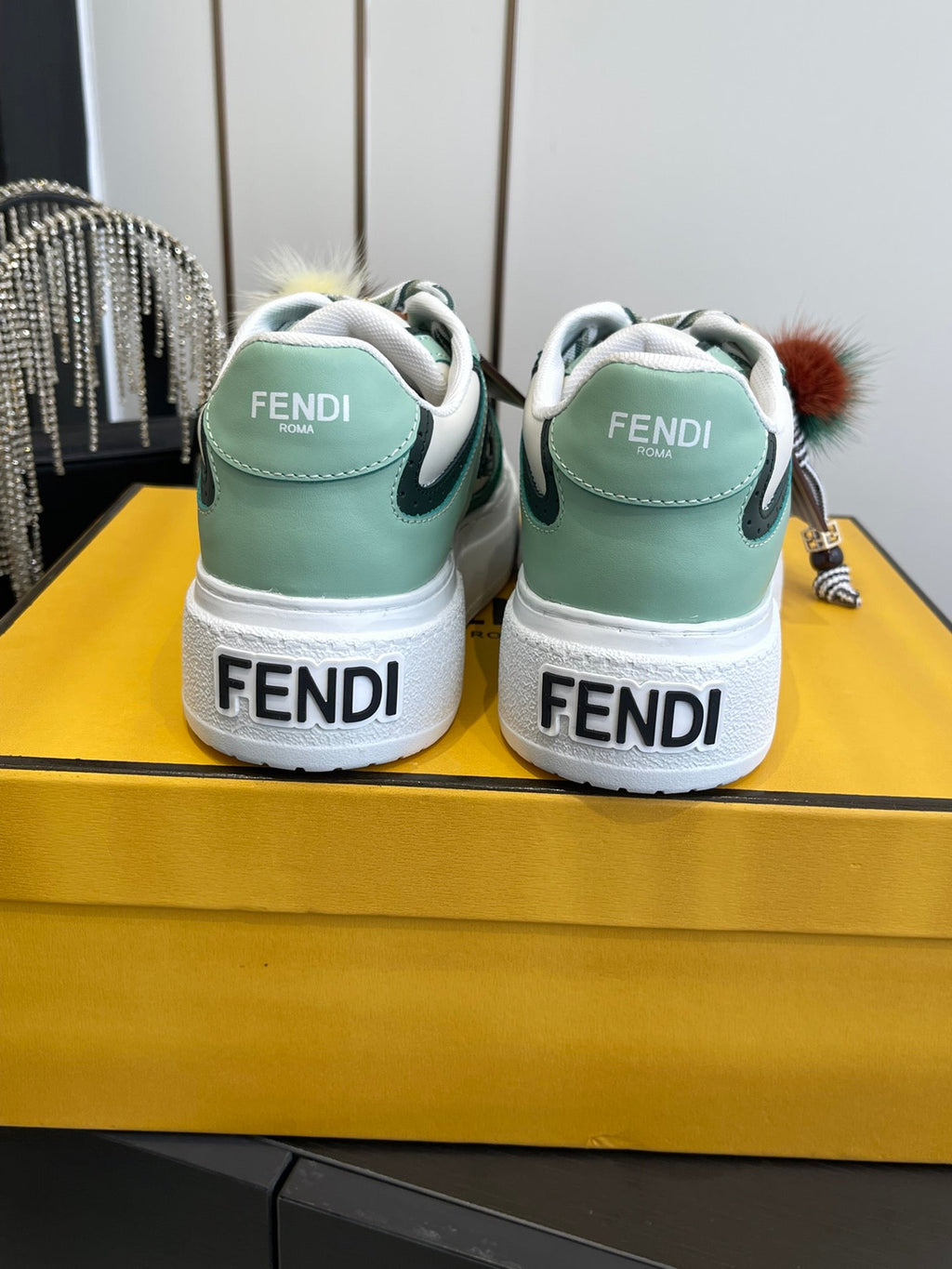 FENDI 25S SNEAKERS 50 MM IN SOFT SAGE GREEN SYNTHETIC LEATHER WITH CHARM