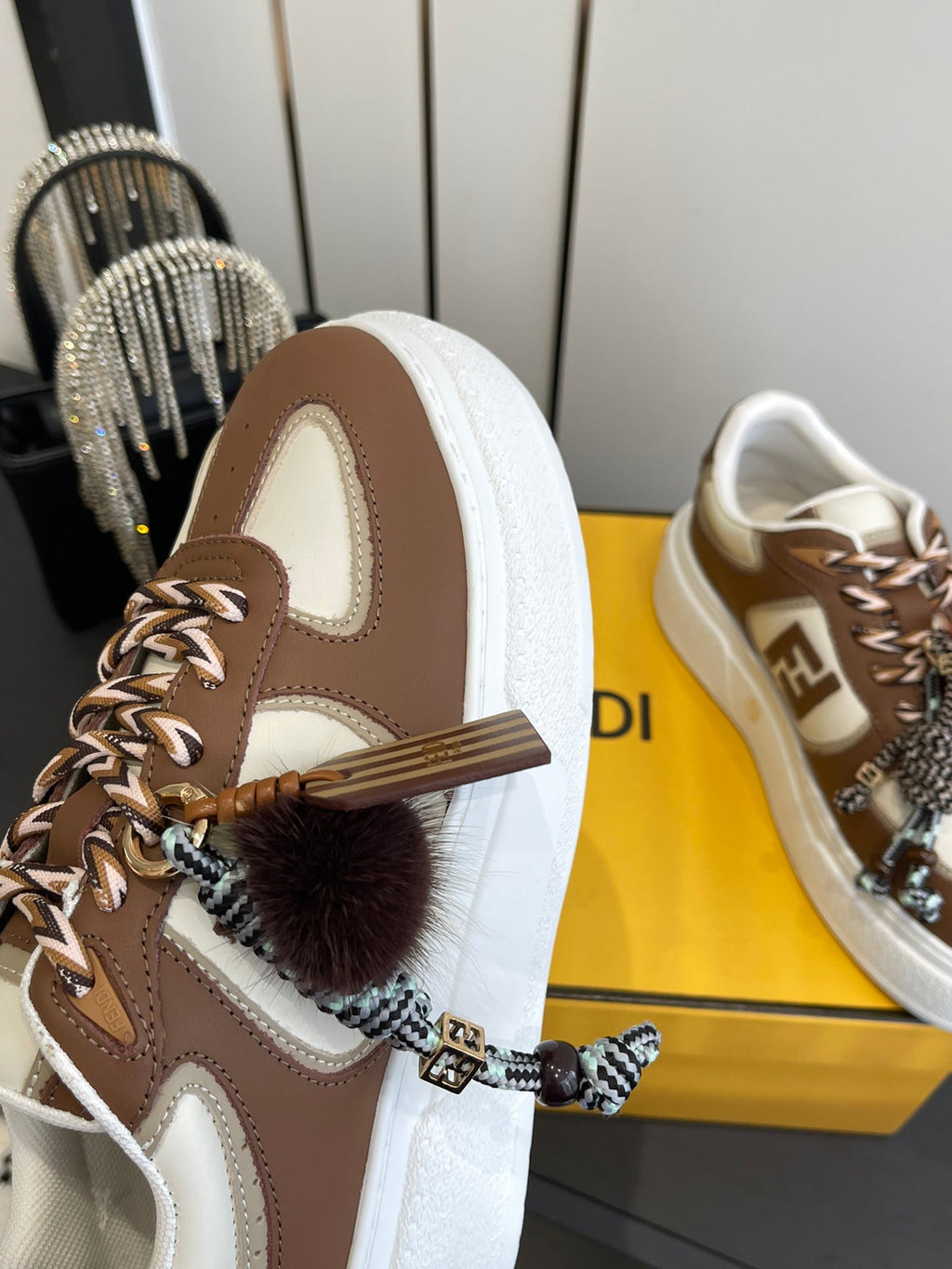 FENDI 25S SNEAKERS 50 MM IN BROWN SYNTHETIC LEATHER WITH CHARM
