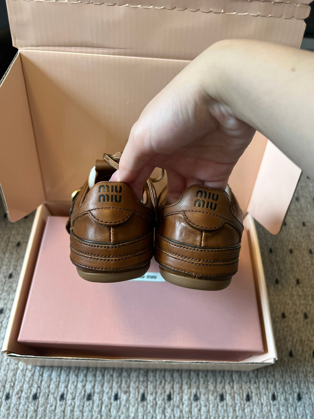 MIUMIU 26S GYMNASIUM SNEAKER IN COGNAC BROWN CALFSKIN WITH GOLD BUCKLED STRAP
