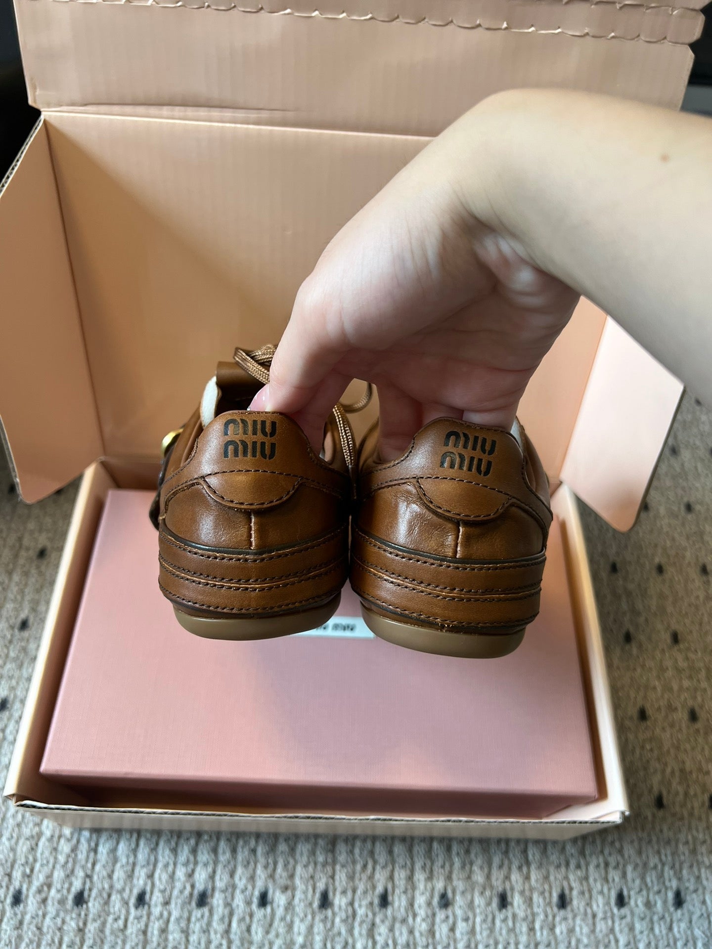 MIUMIU 26S GYMNASIUM SNEAKER IN COGNAC BROWN CALFSKIN WITH GOLD BUCKLED STRAP