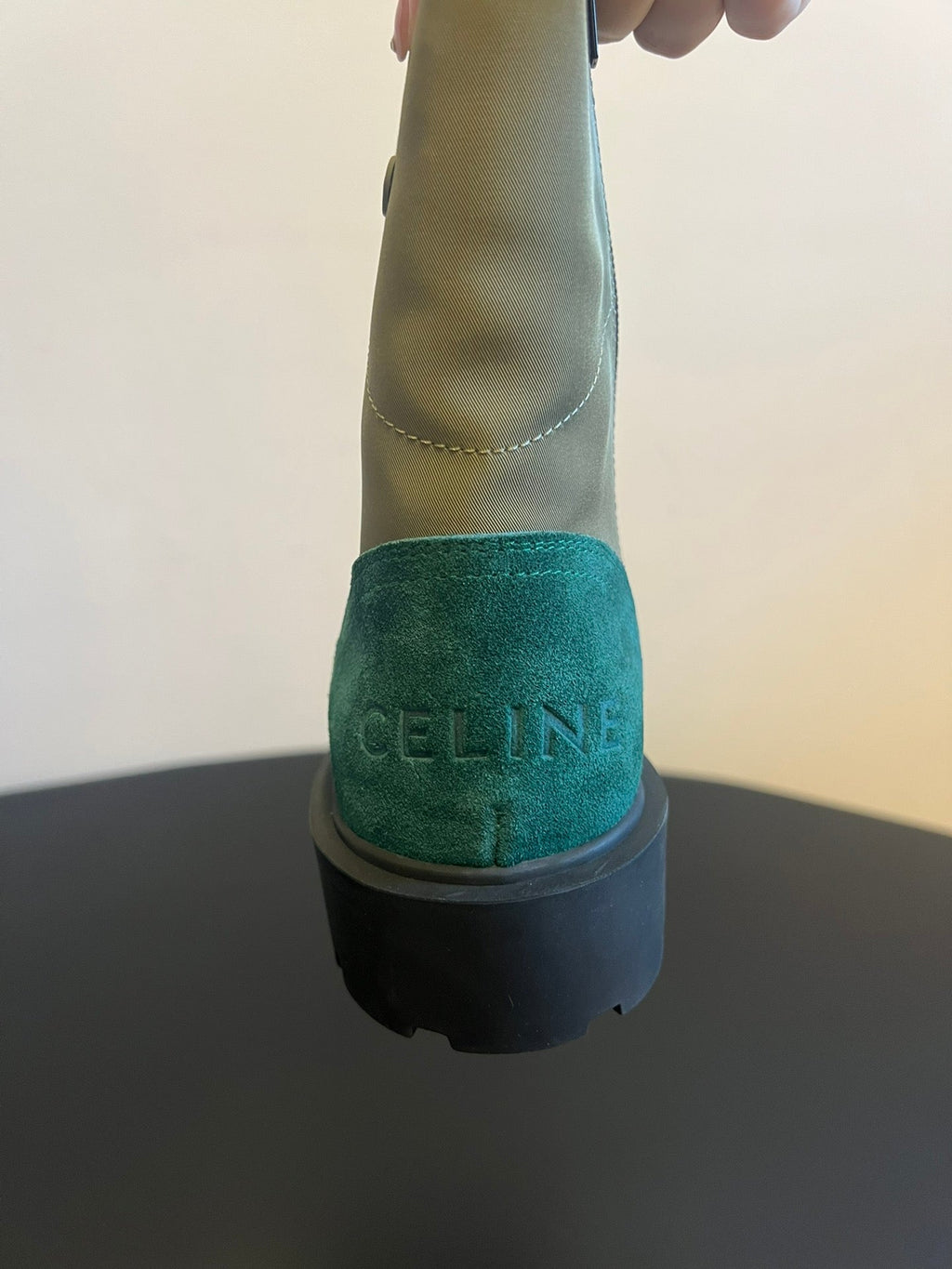 CELINE 26S LACE-UP ANKLE BOOTS IN TEAL GREEN SUEDE AND GRAYISH GREEN LAMBSKIN