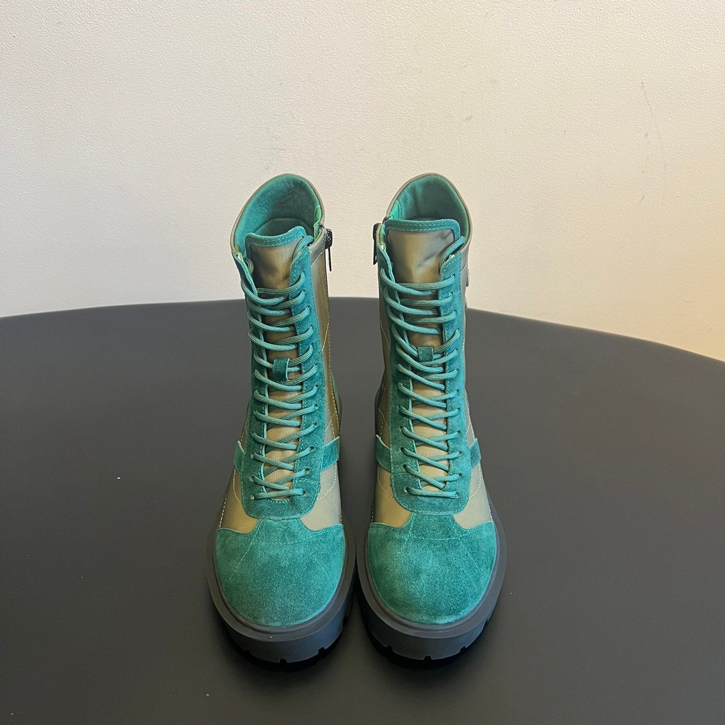 CELINE 26S LACE-UP ANKLE BOOTS IN TEAL GREEN SUEDE AND GRAYISH GREEN LAMBSKIN