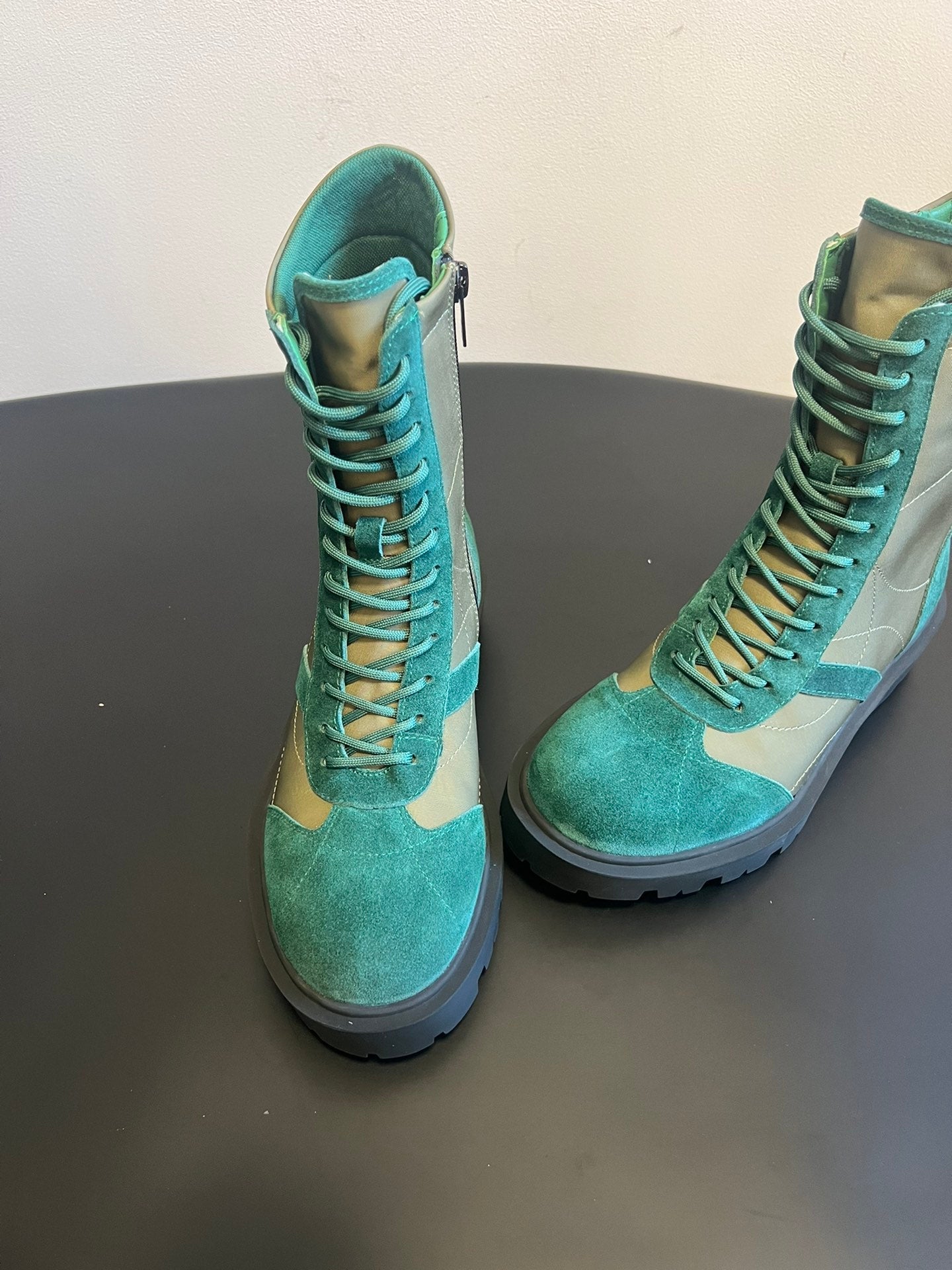 CELINE 26S LACE-UP ANKLE BOOTS IN TEAL GREEN SUEDE AND GRAYISH GREEN LAMBSKIN