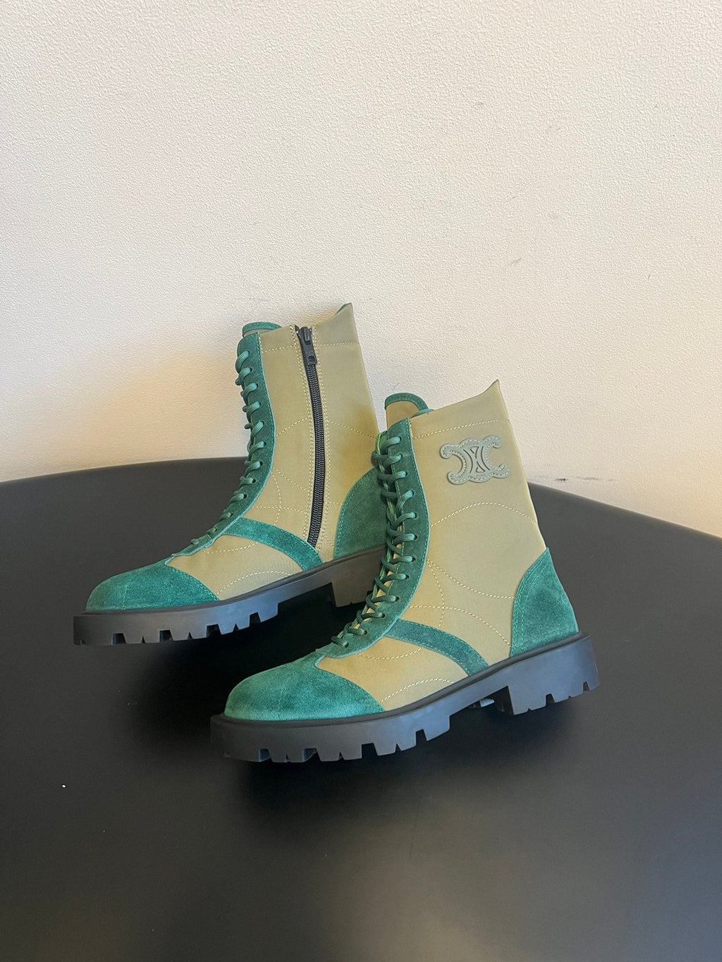 CELINE 26S LACE-UP ANKLE BOOTS IN TEAL GREEN SUEDE AND GRAYISH GREEN LAMBSKIN