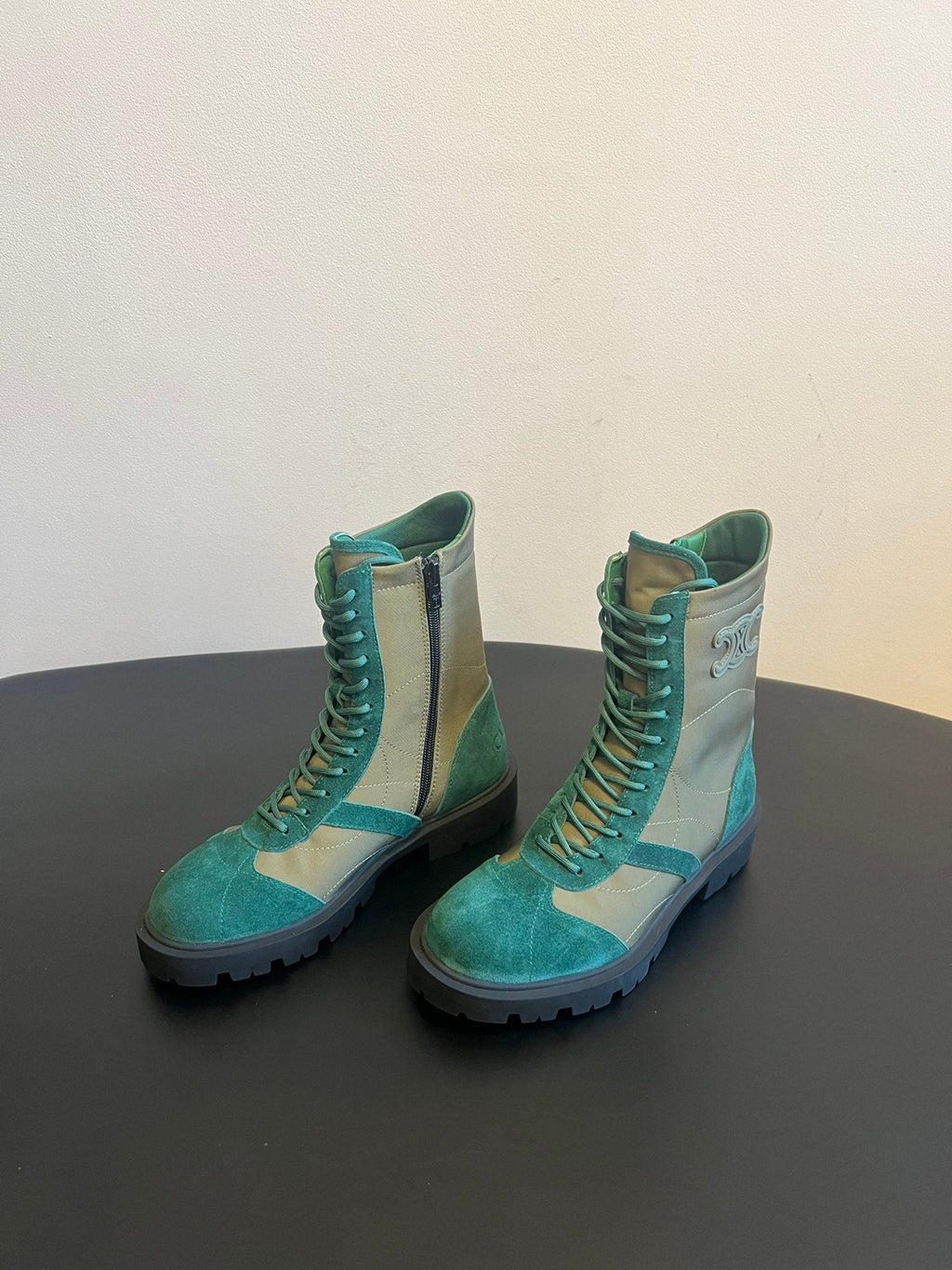 CELINE 26S LACE-UP ANKLE BOOTS IN TEAL GREEN SUEDE AND GRAYISH GREEN LAMBSKIN